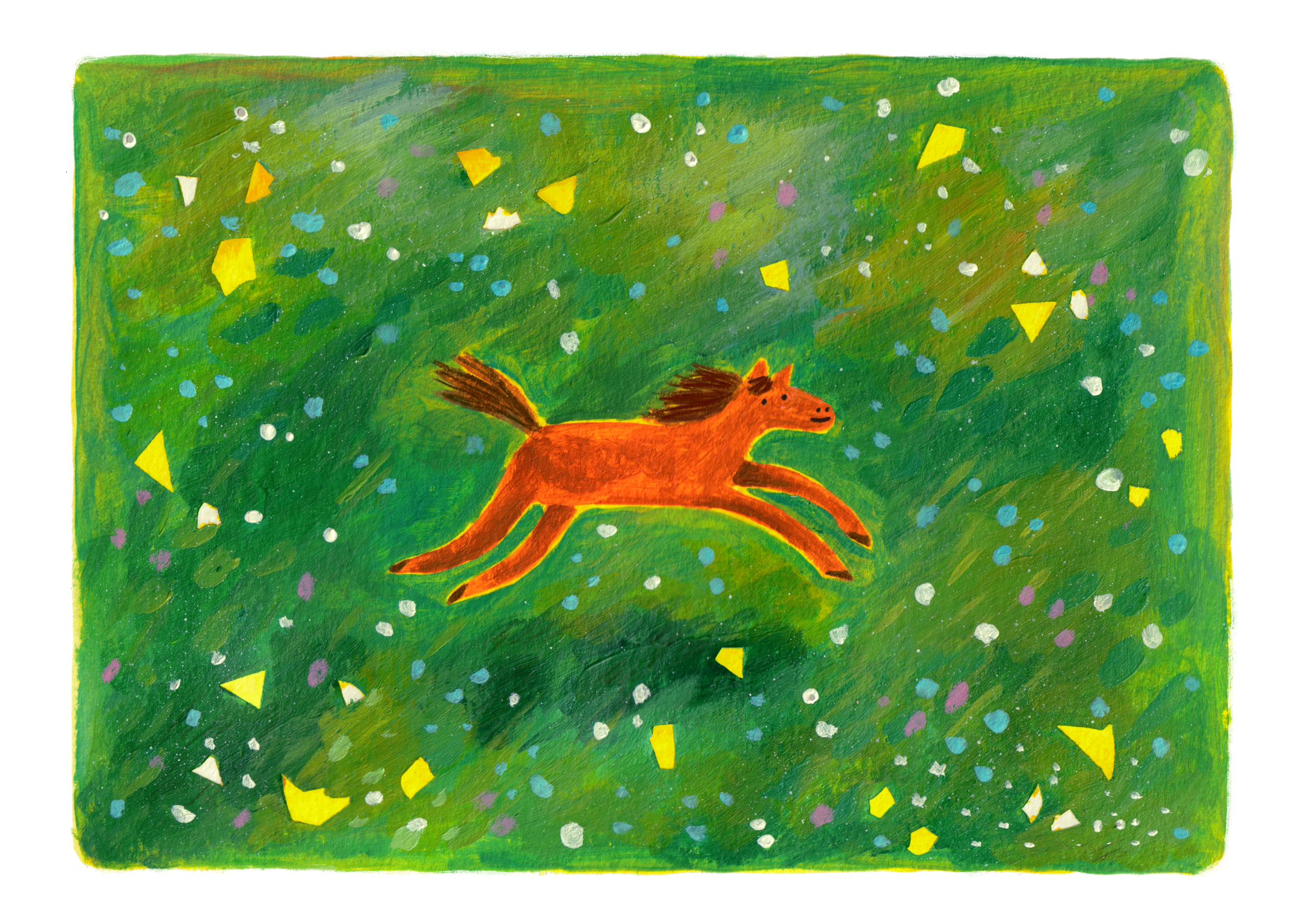 An acrylic painting of a horse running through a flowery field.