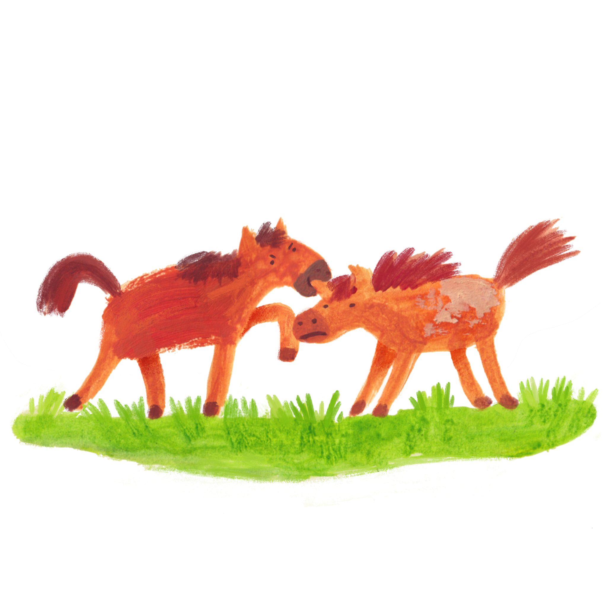 An acrylic painting of two foals play-fighting. 