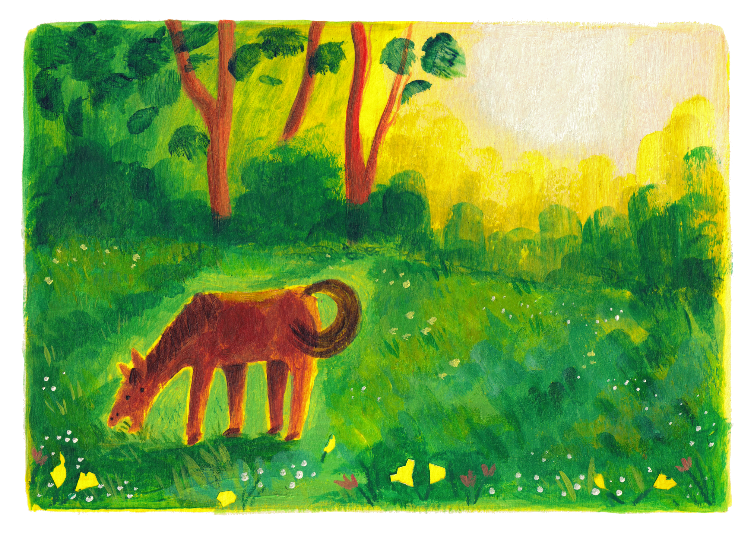 An acrylic painting of a Horse eating some green grass.