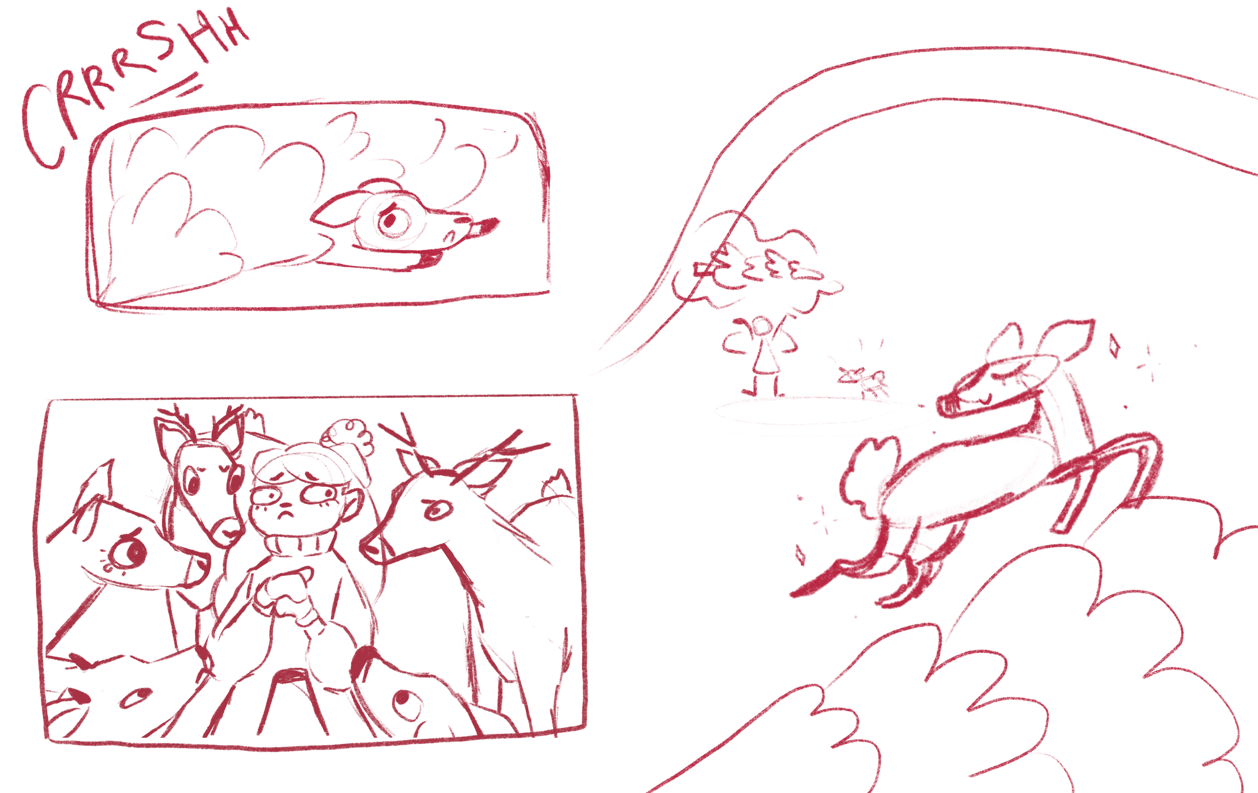 Process sketches depicting early stage development of the deer spread within 'The Confidence Trick'