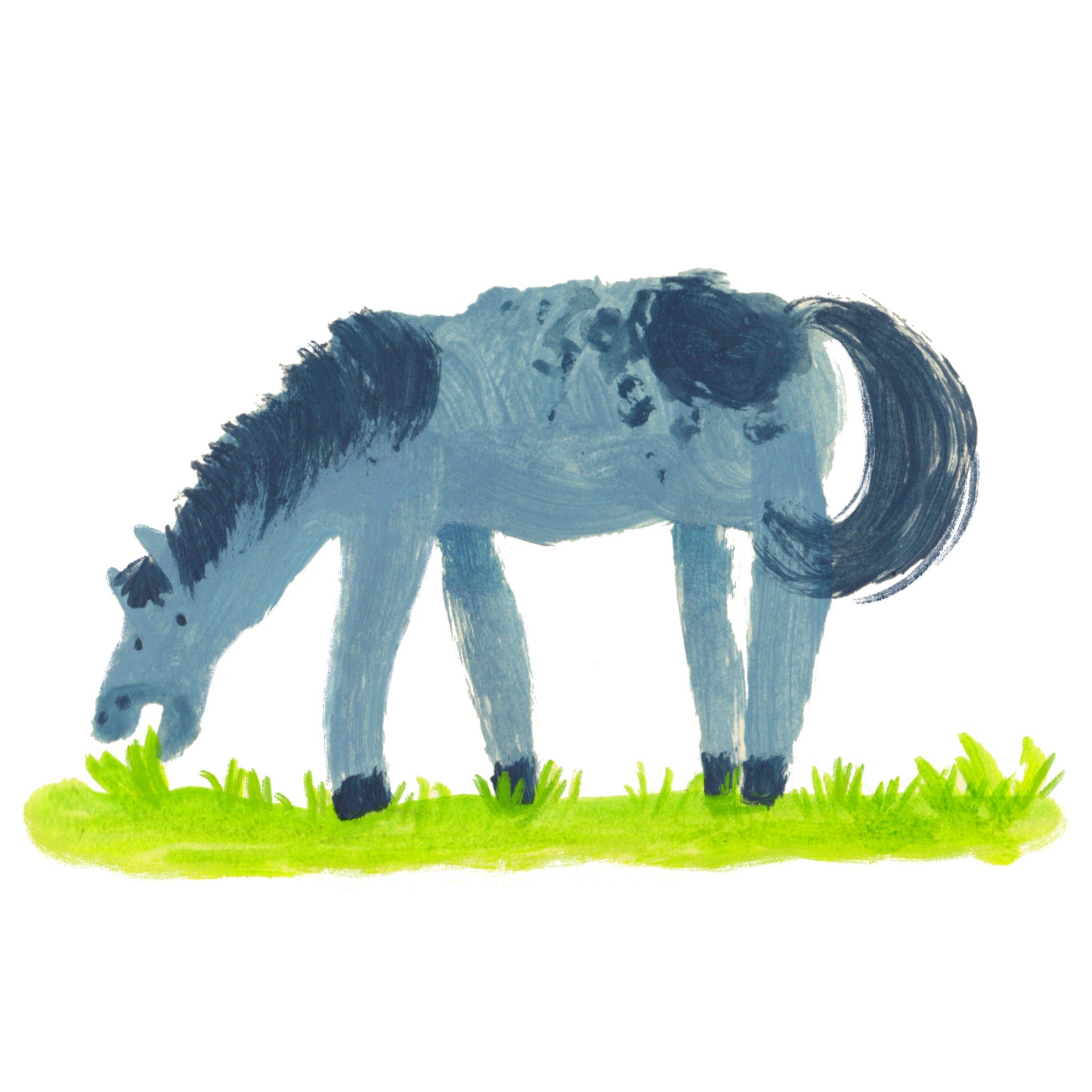 An acrylic painting of a blue horse eating some grass.