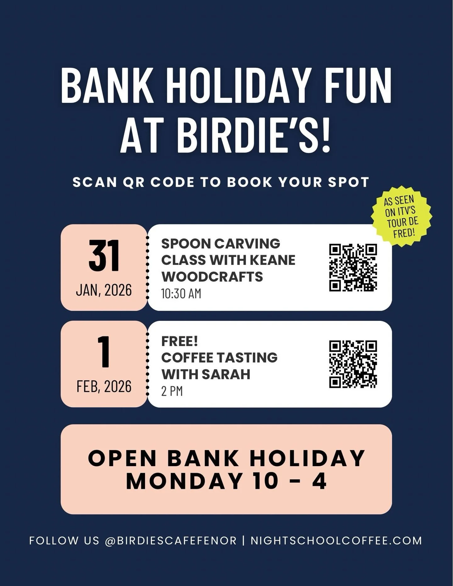 Bank Holiday fun at Birdie&rsquo;s! ☕️ 🦉 

- Spoon carving workshop with @keanewoodcrafts 
- ⁠FREE coffee tasting with Sarah @nightschoolcoffee 

Limited spaces! Book via the link in stories or DM us for more info. 

📍 Birdie&rsquo;s, Fenor, Co. Wa