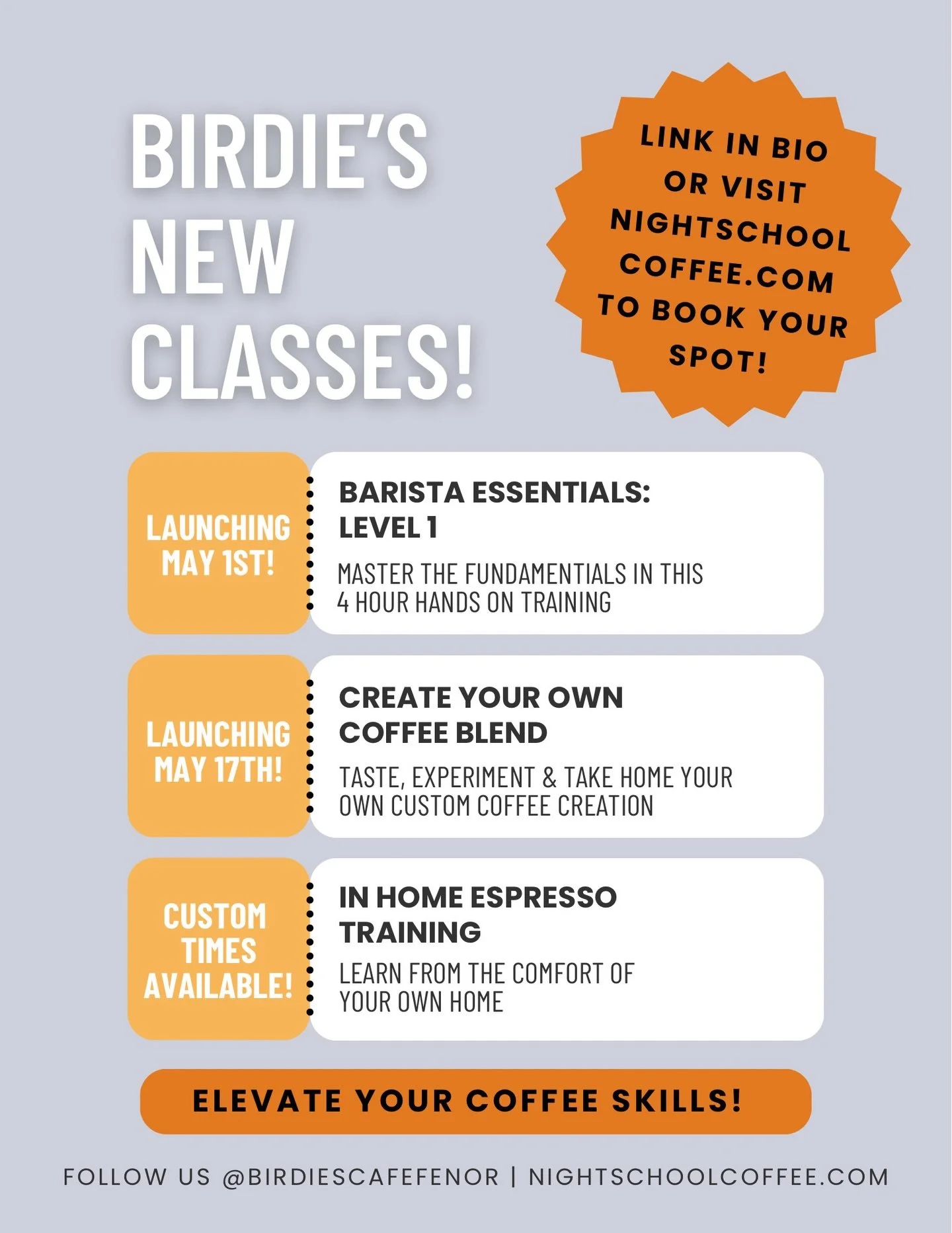 New classes at Birdie&rsquo;s ☕️

We&rsquo;re launching a series of hands-on coffee experiences this May, whether you&rsquo;re just getting started or looking to level up your home setup!

Barista Essentials &ndash; Level One
Master the fundamentals 