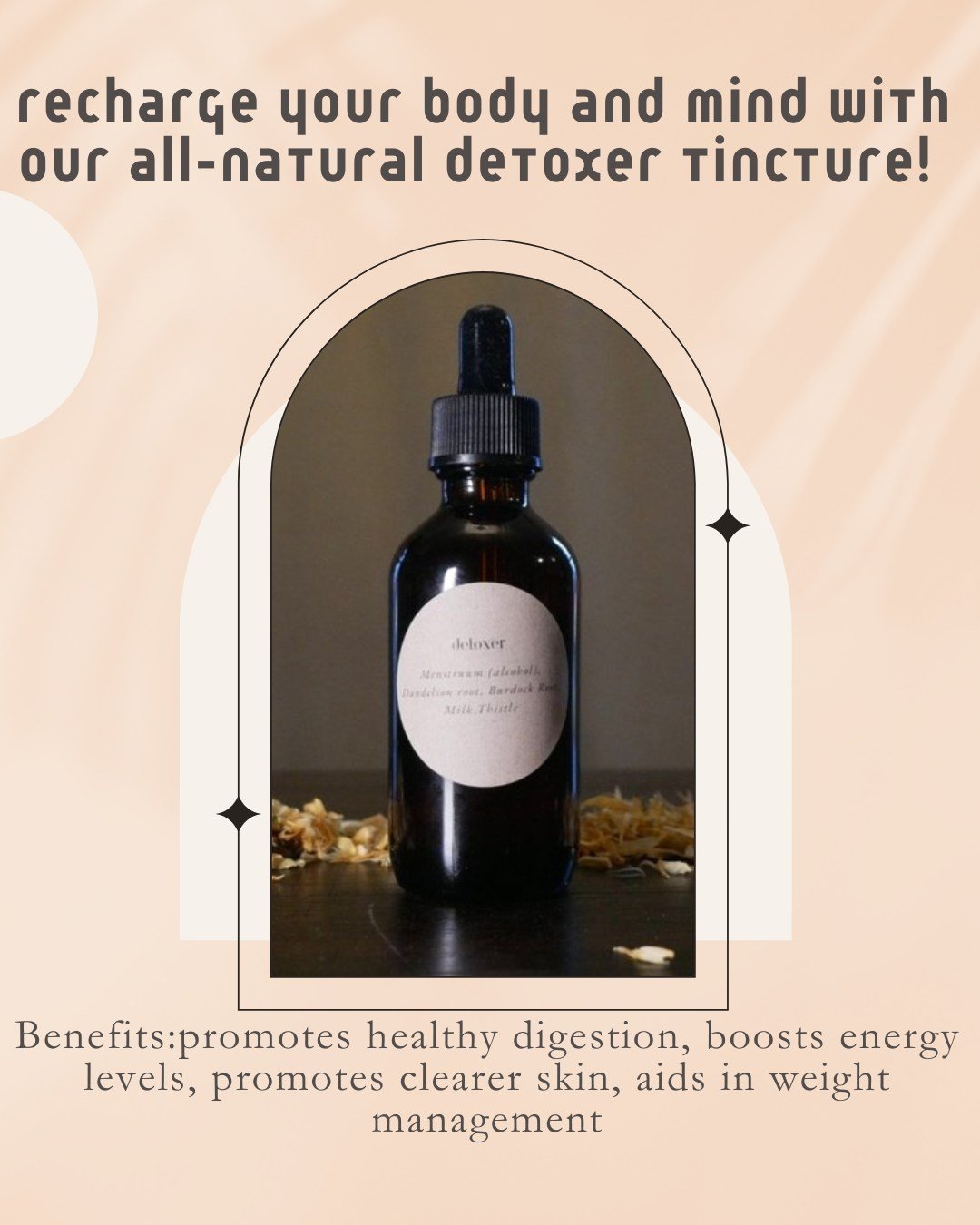 Say goodbye to toxins and hello to vitality with this powerful blend of herbs. Formulated to gently cleanse and rejuvenate, our detoxer tincture is the perfect companion for your wellness journey.
Crafted with love and care, each drop is bursting wit