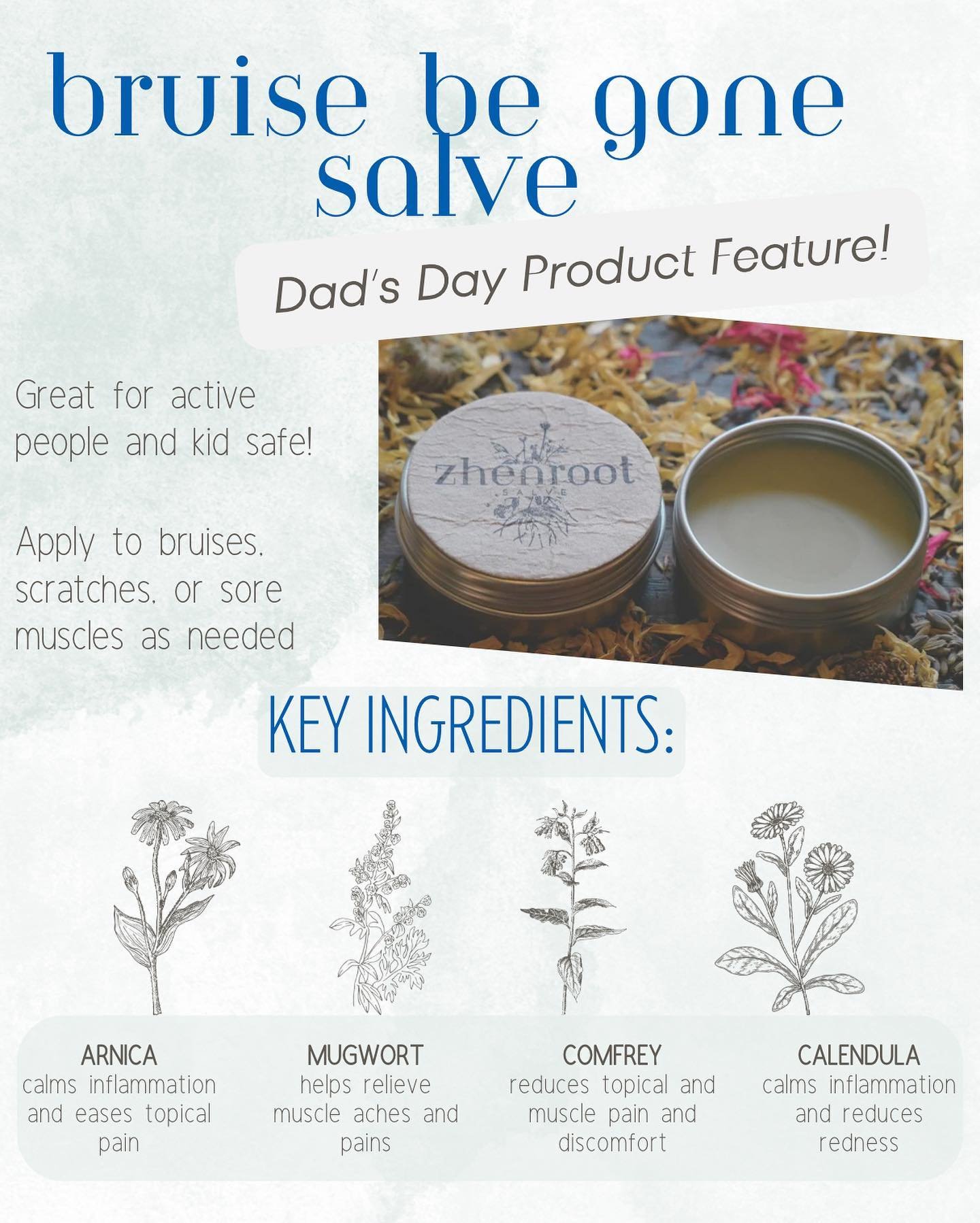 Happy Father&rsquo;s Day weekend to all our dad&rsquo;s out there! 

If there&rsquo;s one thing we know about parenting, it&rsquo;s that it comes with a few aches and pains. This salve is packed with concentrated herbs that ease muscle pain, bruising