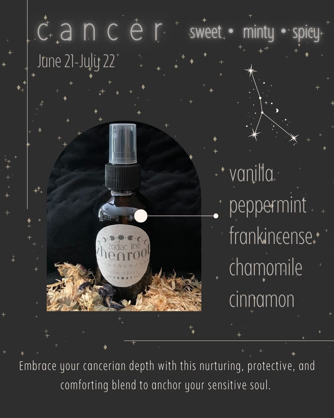 Wrap yourself in comfort with our handcrafted Cancer Room Spray, made with a calming blend of vanilla, peppermint, chamomile, cinnamon, and frankincense.

This cozy, nurturing blend channels the soft, intuitive energy of Cancer&mdash;perfect for crea