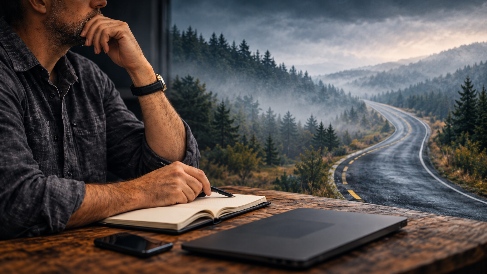 A thoughtful man writing in a notebook beside a winding road through a misty forest.