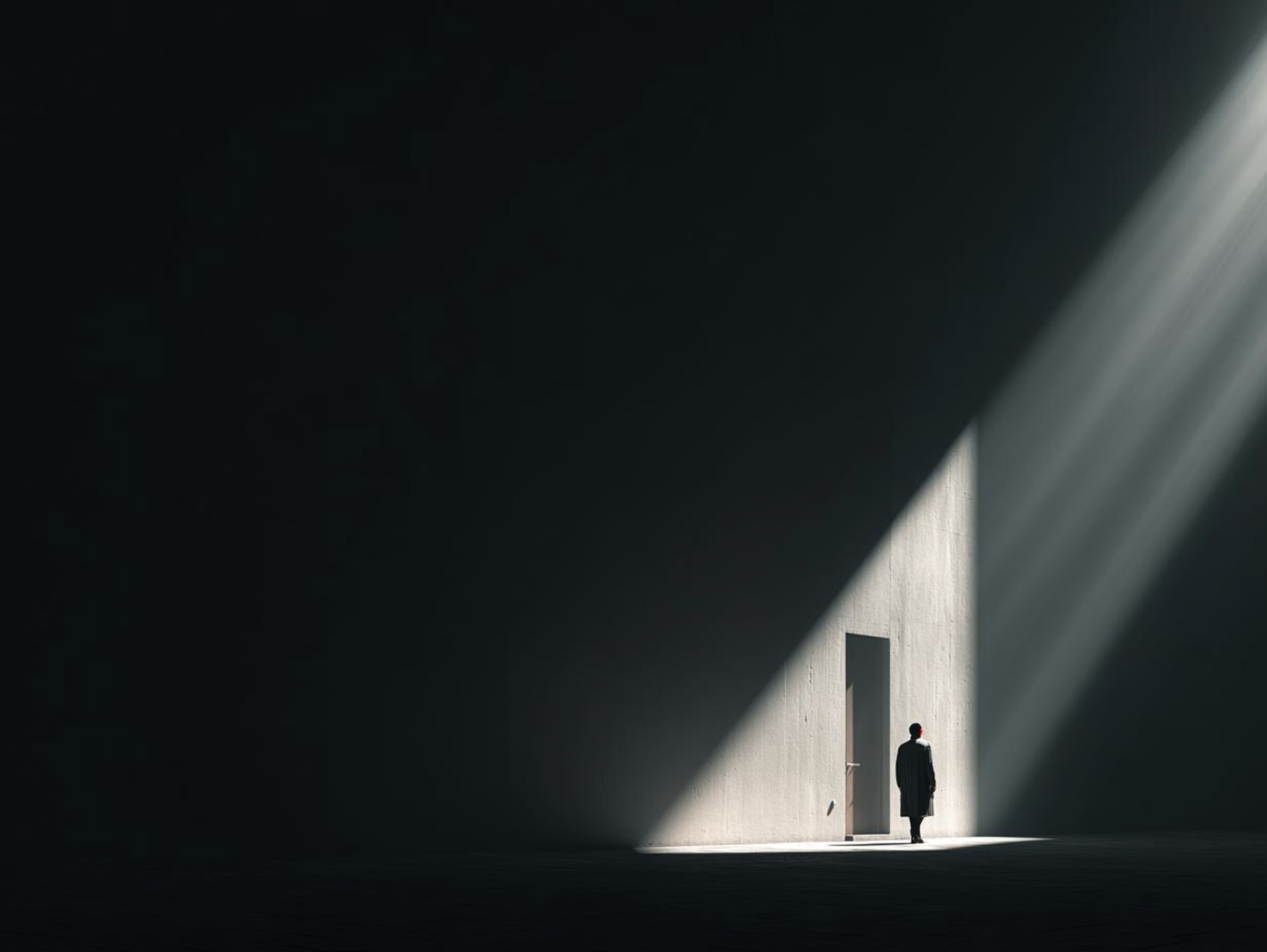 A solitary figure stands near a doorway in a vast, dark architectural space, illuminated by a dramatic beam of light.