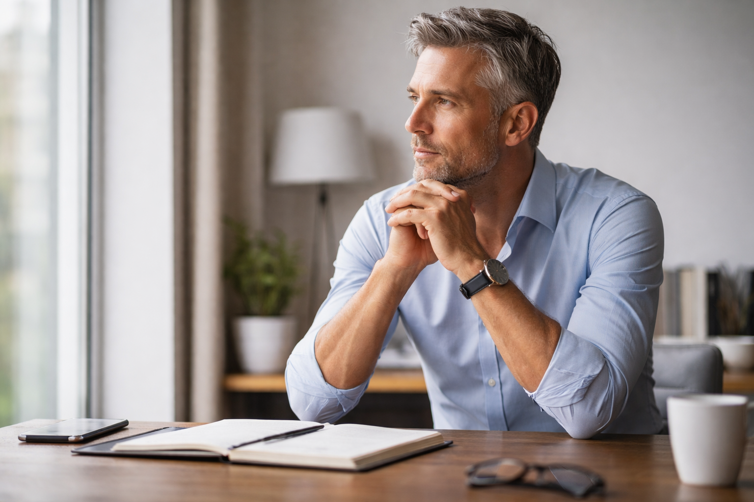 Midlife male leader seated at a desk in natural light, reflecting on clarity and confidence