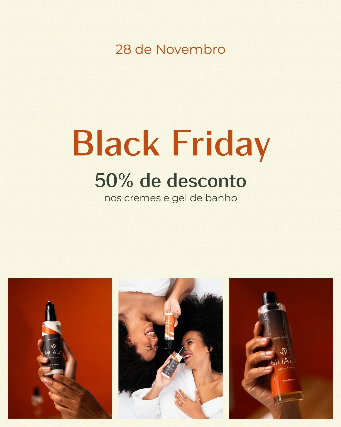 A black friday chegou &agrave; Muala com descontos de 50% 🖤
Aproveite os descontos nos nossos cremes e g&eacute;is de banho 🍃
Saiba mais na loja online.