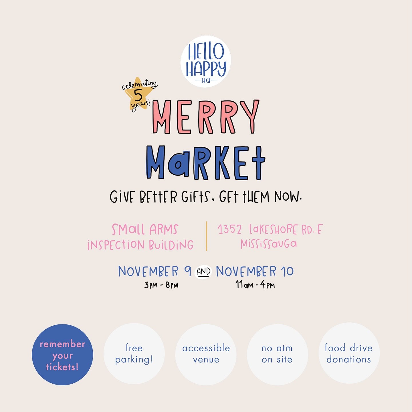 Everything you need to know about the weekend!

🎟️ remember your tickets (or $5 at the door!)
🚘  free parking
♿️ accessible venue
🚫  no ATM on site 
🥫  if able to, please bring a food bank donation

🎁Merry Market
⏱️November 9 &bull; 3pm-8pm
⏱️No