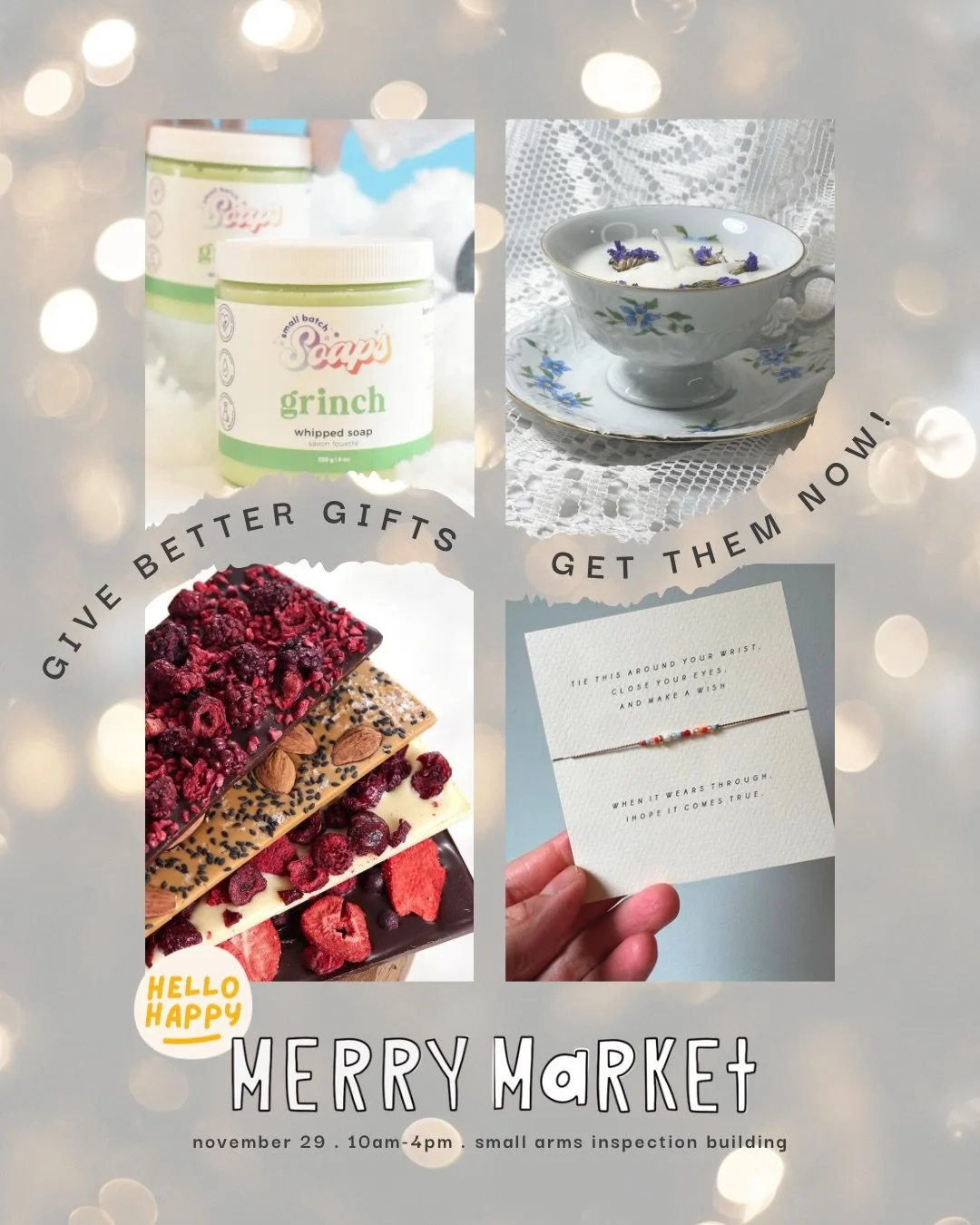 ✨meet the makers✨

Celebrate creativity and shop handmade this holiday season at Merry Market!

be sure and check out 
@smallbatchsoaps 
@panayiotascandles 
@chocome_north_america 
@mailinjewelry 

🎄Merry Market
🗓️November 29 &bull; 10 AM - 4 PM
📍