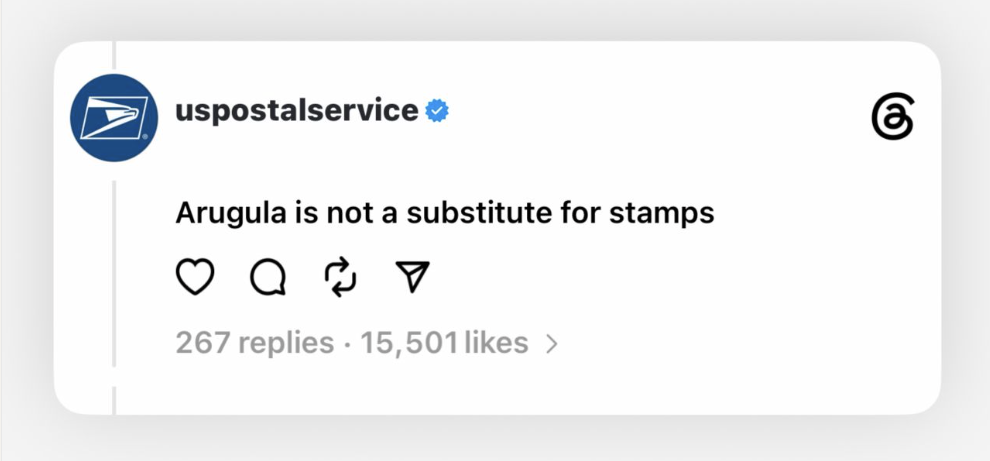 screenshot of a us postal service post on threads that says "arugula is not a substitute for stamps"