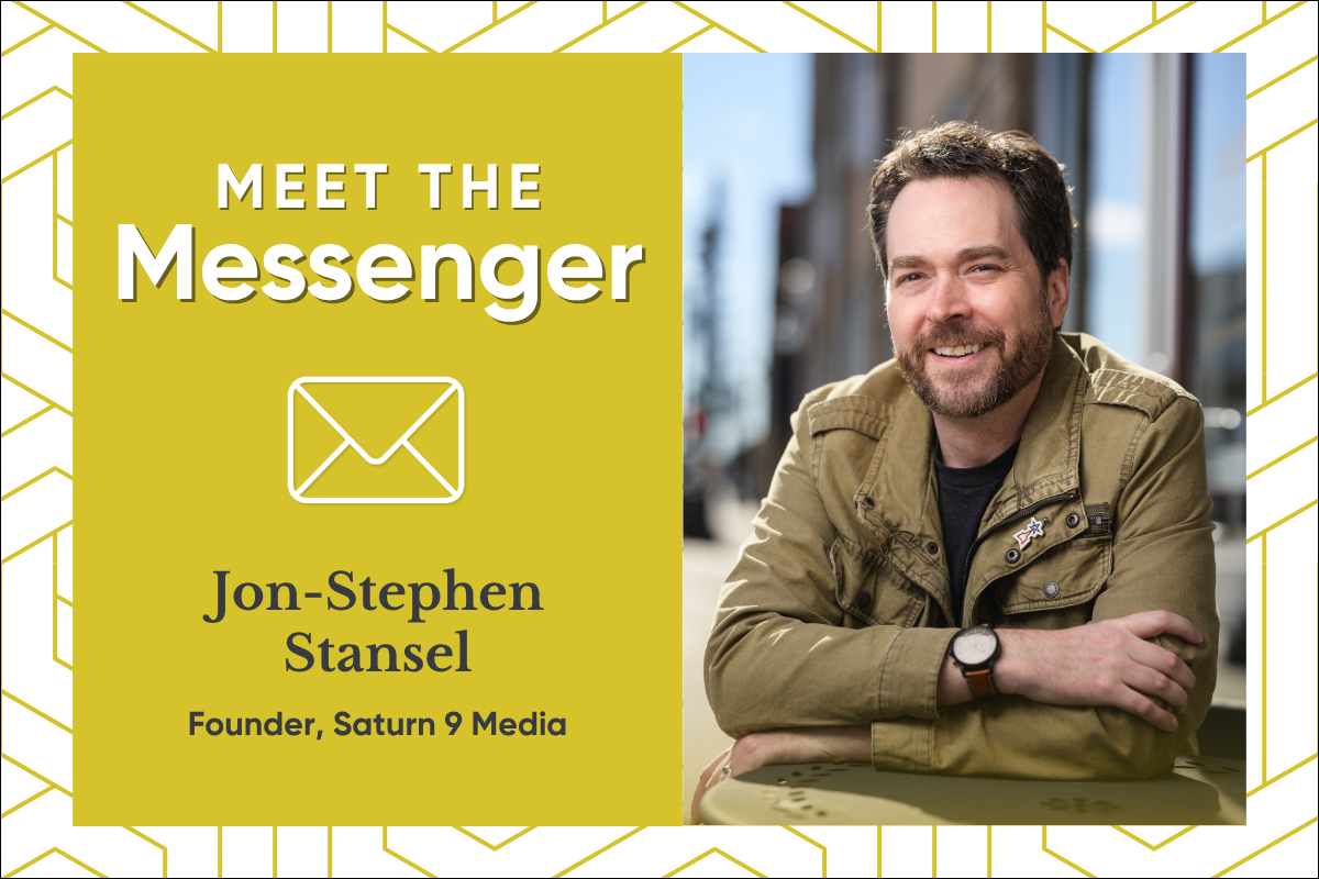 Headshot of Jon-Stephen Stansel, with a graphic sharing his name and title as founder of Saturn 9 Media