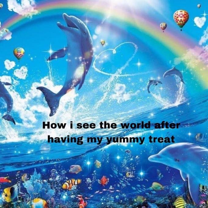 A colorful meme of a dolphin jumping out of the water with rainbows, with the text "how i see the world after having my yummy treat"