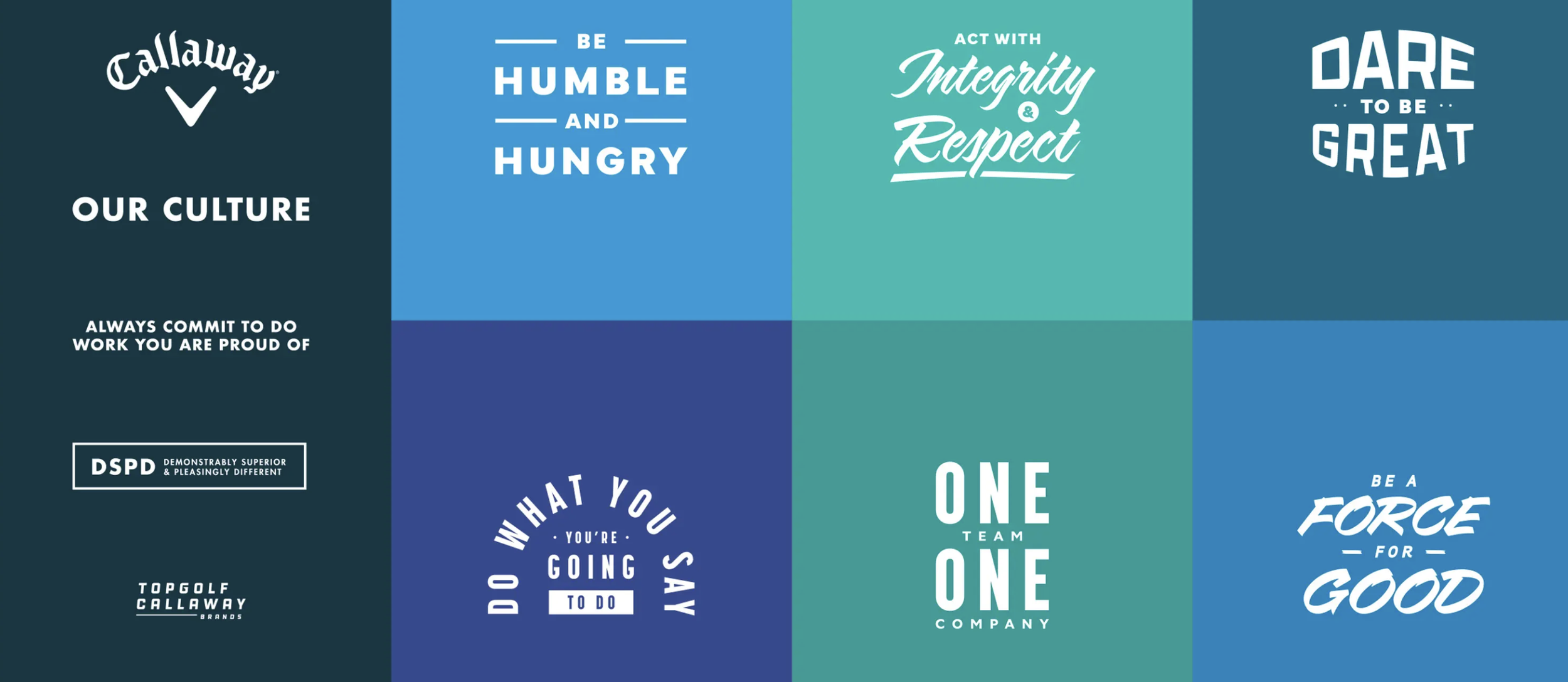 A graphic from Callaway's website stating their six values.