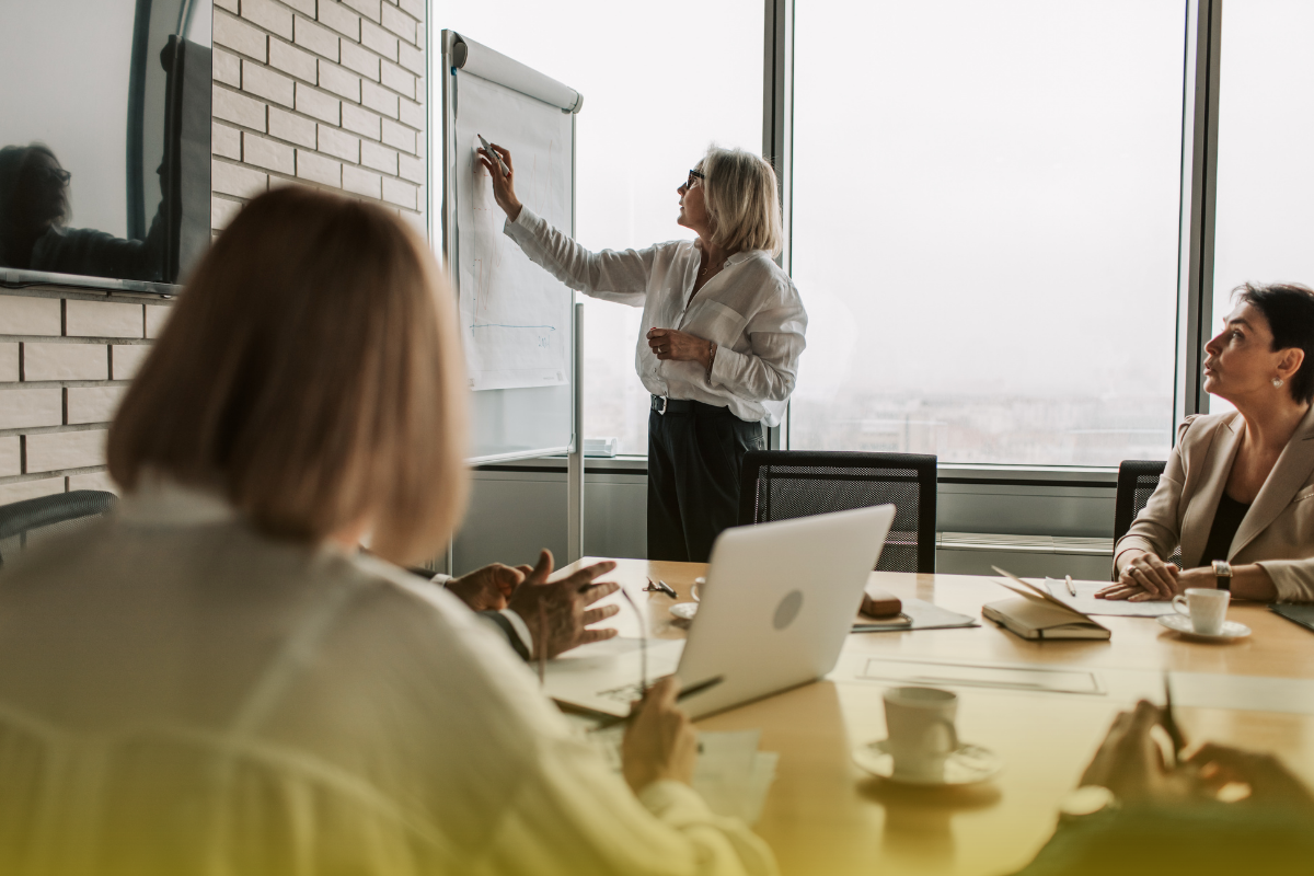 A woman stands at a white board writing ideas while colleagues sit at a conference room table.