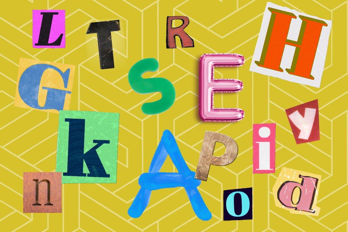 Graphic letters on a yellow background.
