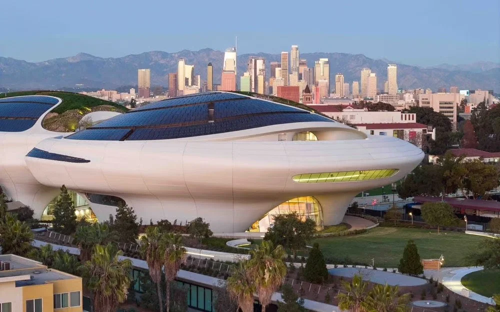 An arial shot of the exterior of the Lucas Museum of Narrative Art