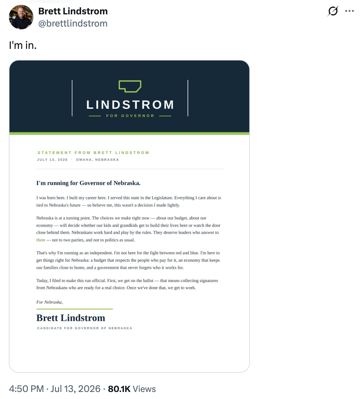 Screenshot of Brett Lindstrom Tweet showing his letter announcing his run for governor.