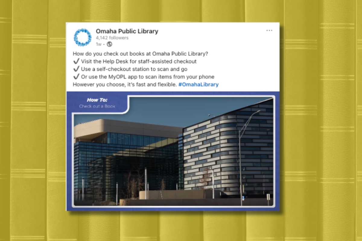 Screenshot of an Omaha Public Library social media post on a background of book spines.