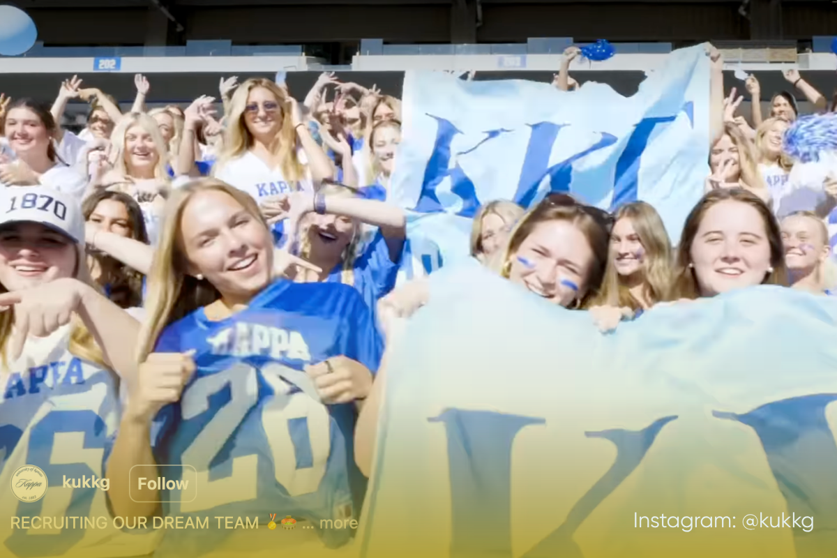 Screenshot from a Kappa Kappa Gamma recruitment video. Girls are in jerseys waving a Kappa Kappa Gamma flag.