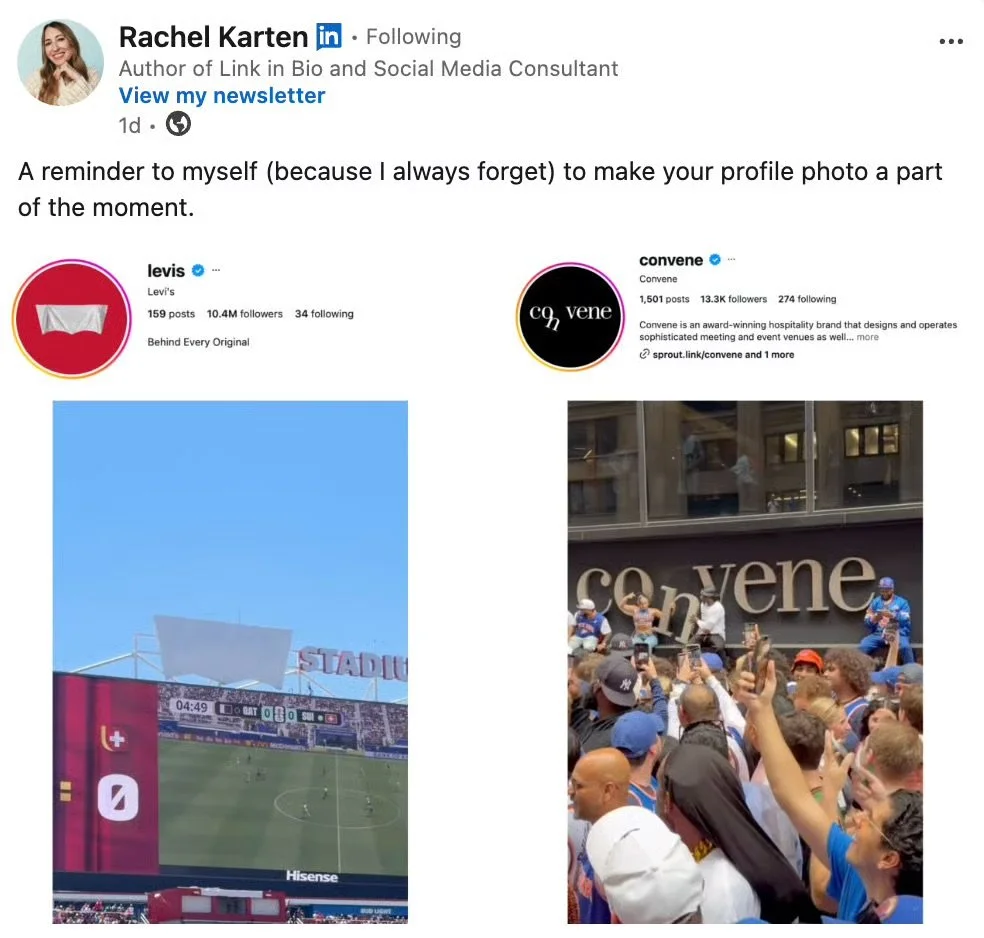 Screenshot of Rachel Karten's linkedin images of the Levi's and Convene Instagram pages