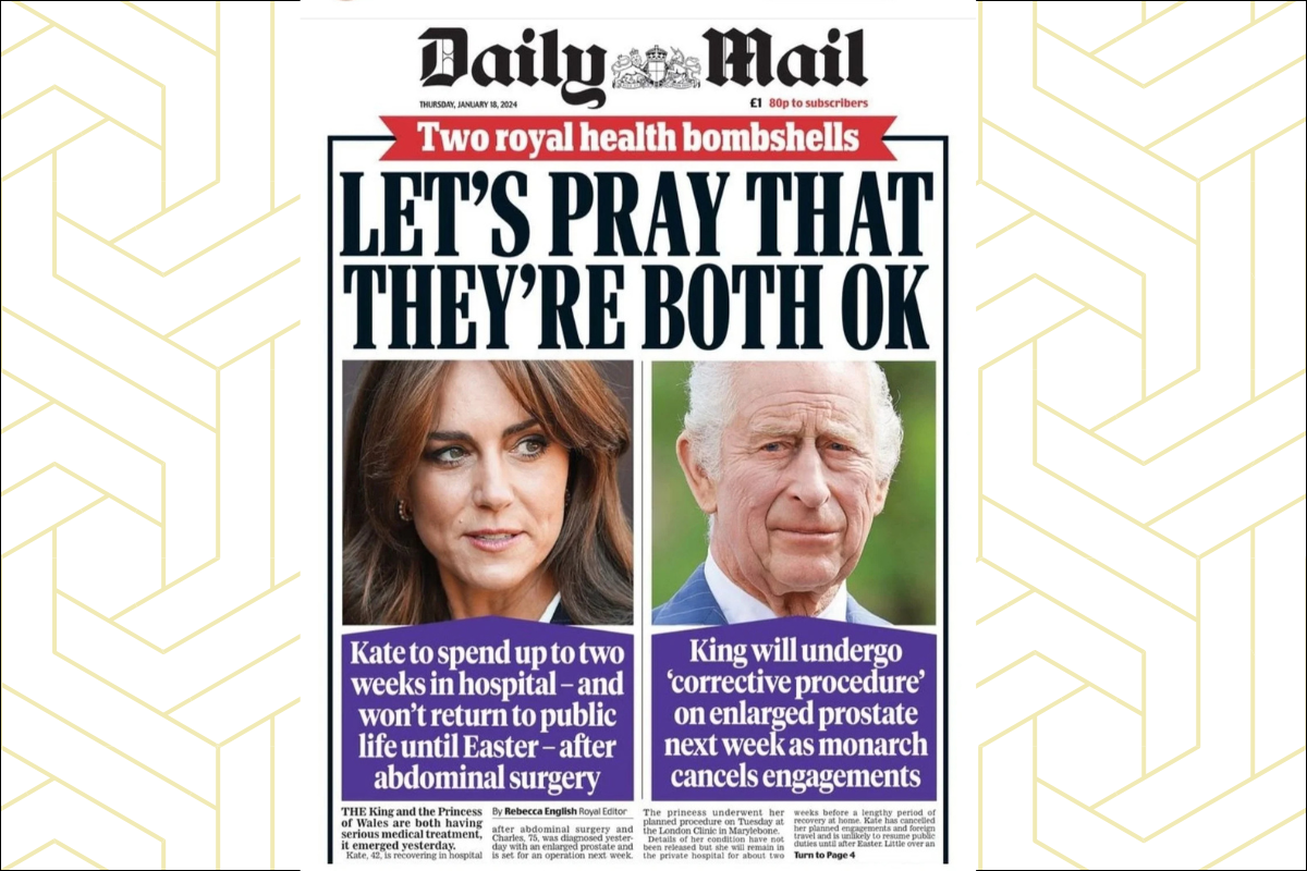 Daily Mail front page newsletter featuring the royals and a headline that says "Let's pray that they're both ok"