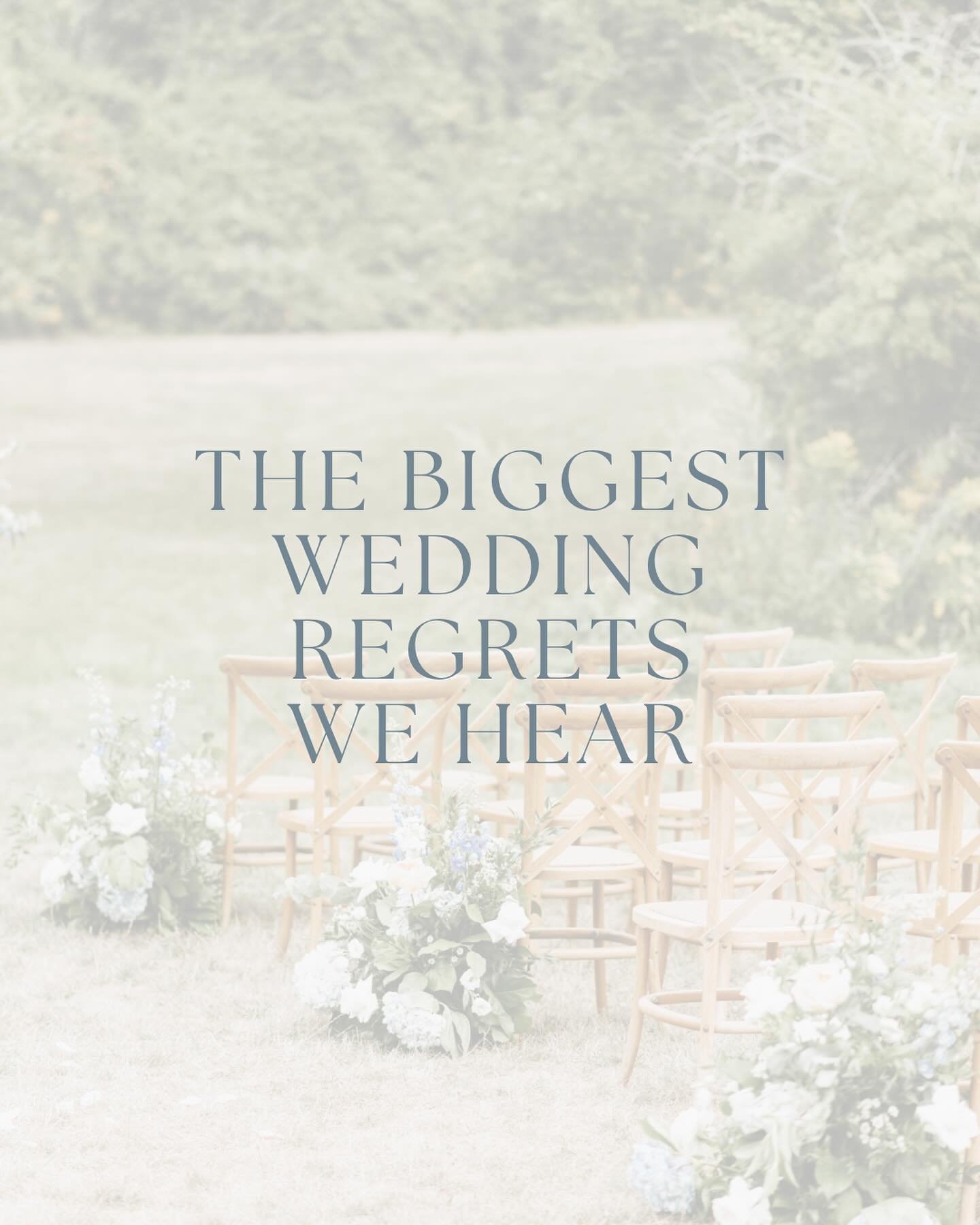 Sharing today the biggest regrets we&rsquo;ve heard from brides and grooms over the last 10 years: 

1. Cheap Photography

2. No Videography

3. No Makeup/Hair Trial

4. Not Reading Reviews

5. Inviting Too Many 

6. Not Eating Enough

Scroll through