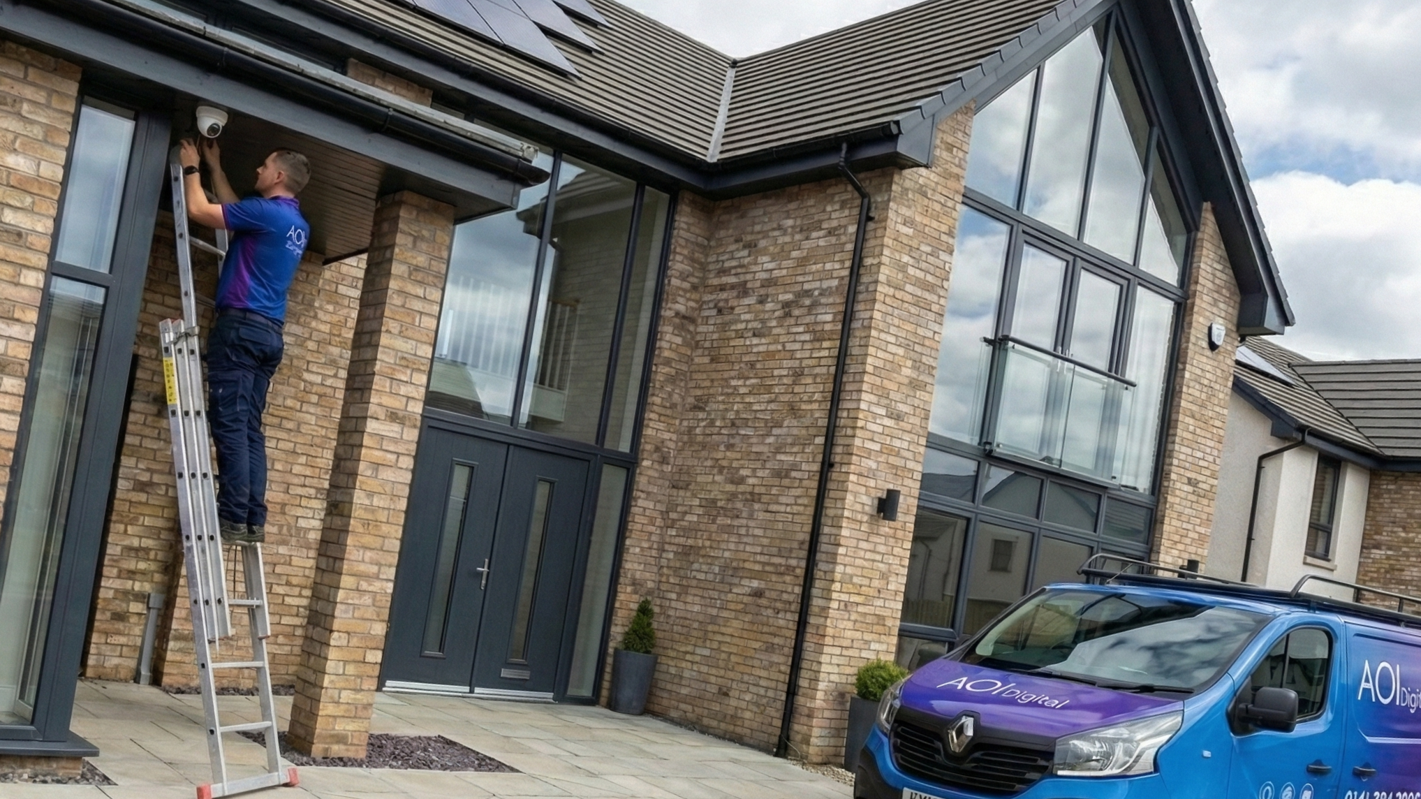 A worker on a ladder installing security cameras on the exterior of a modern brick house with large glass windows.
