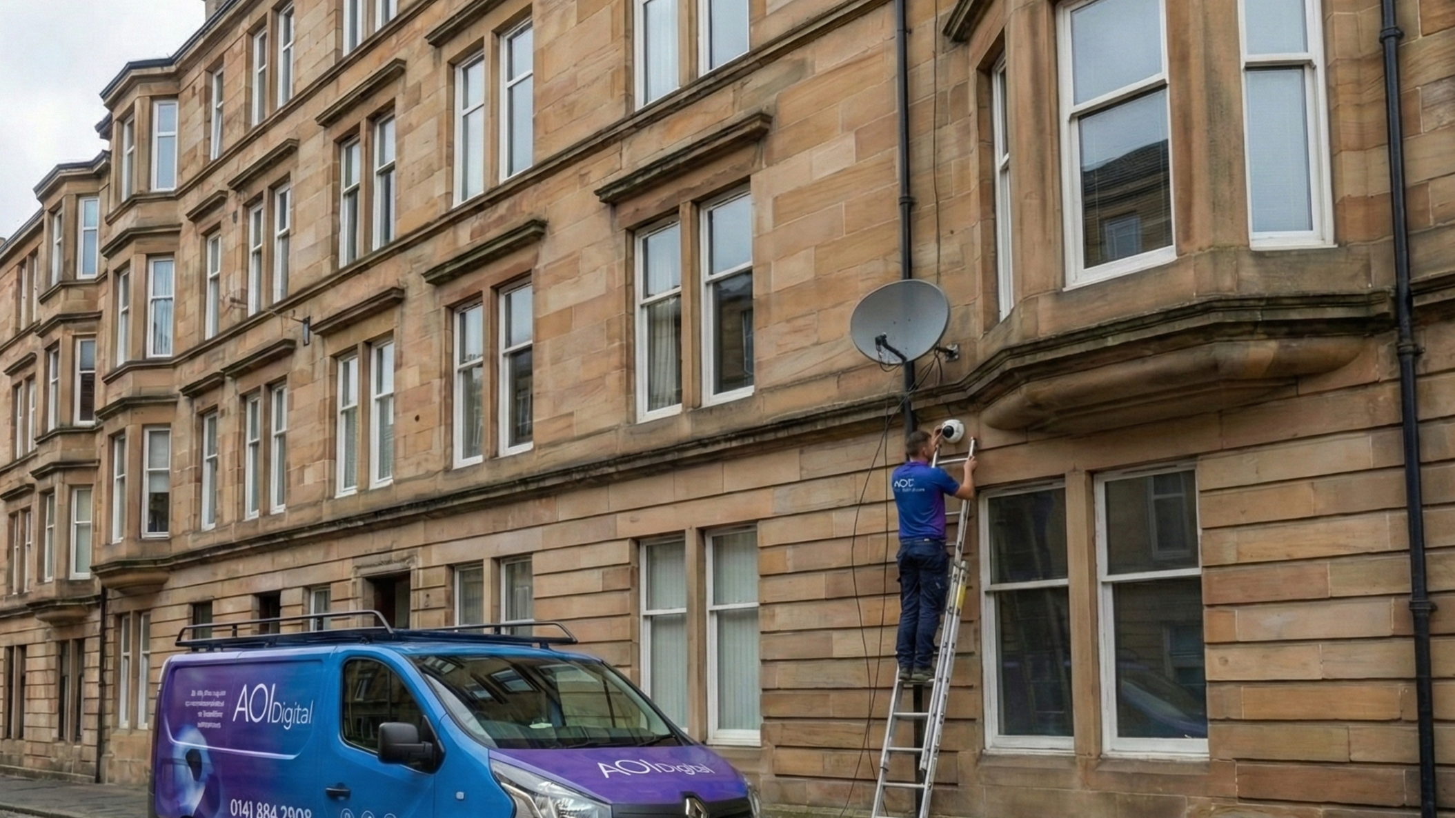Engineer fitting a satellite dish on a tenement building in Paisley