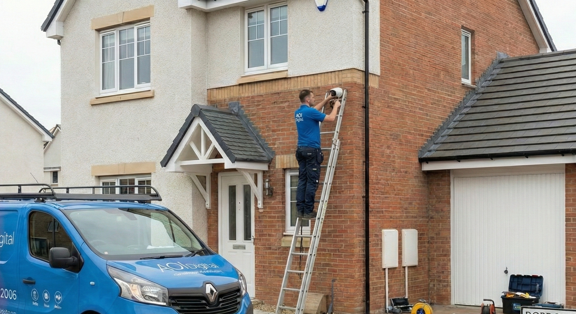 Installer fitting a camera in new build estate Bishopbriggs.
