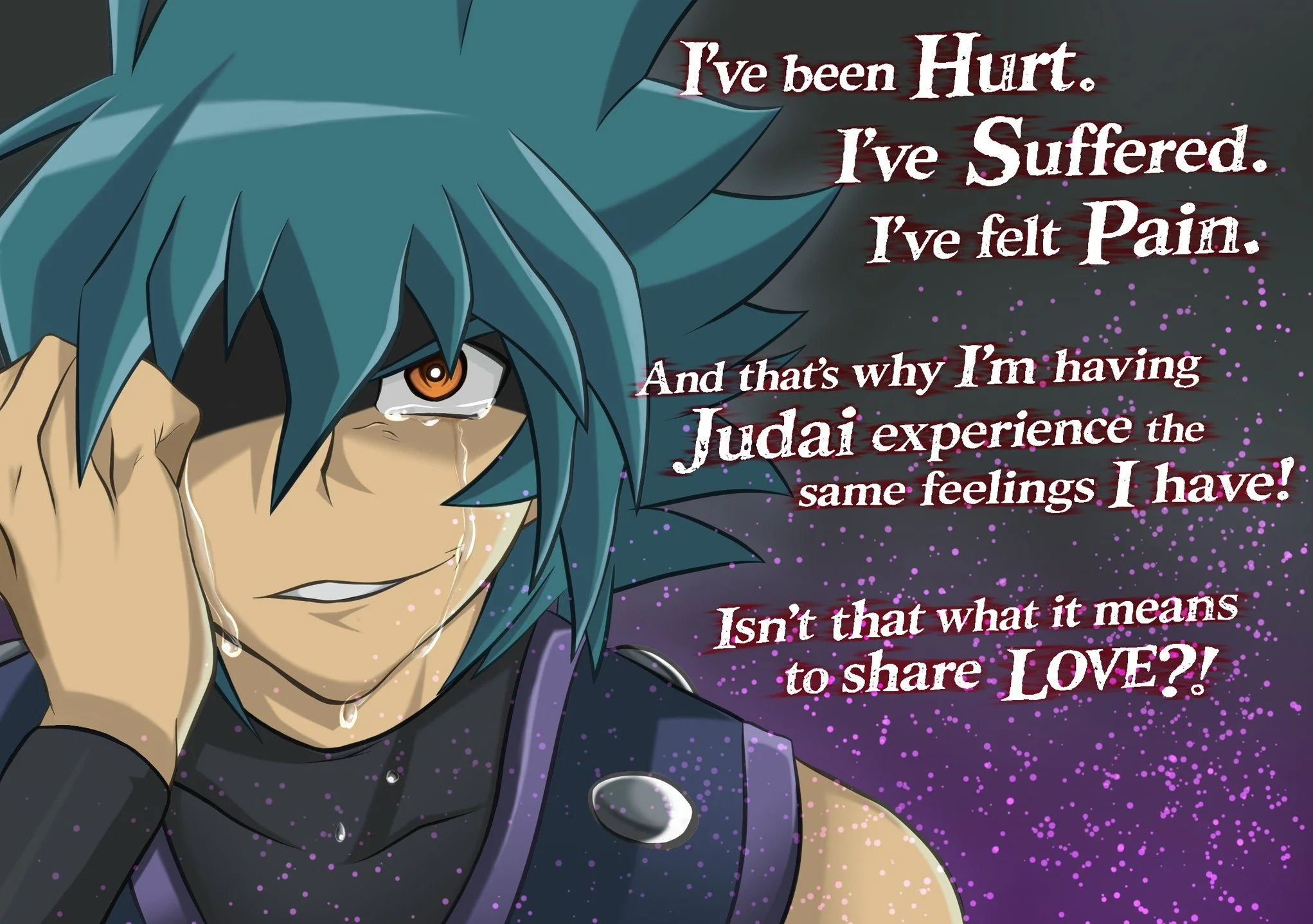 Isn't that what it means to share love..?

This piece explores Yubel-possessed Johan, and one of my favourite lines from Yu-Gi-Oh! GX. The moment where Yubel's twisted ideals are revealed. Where she criticizes Aamon for his false love and explains wh