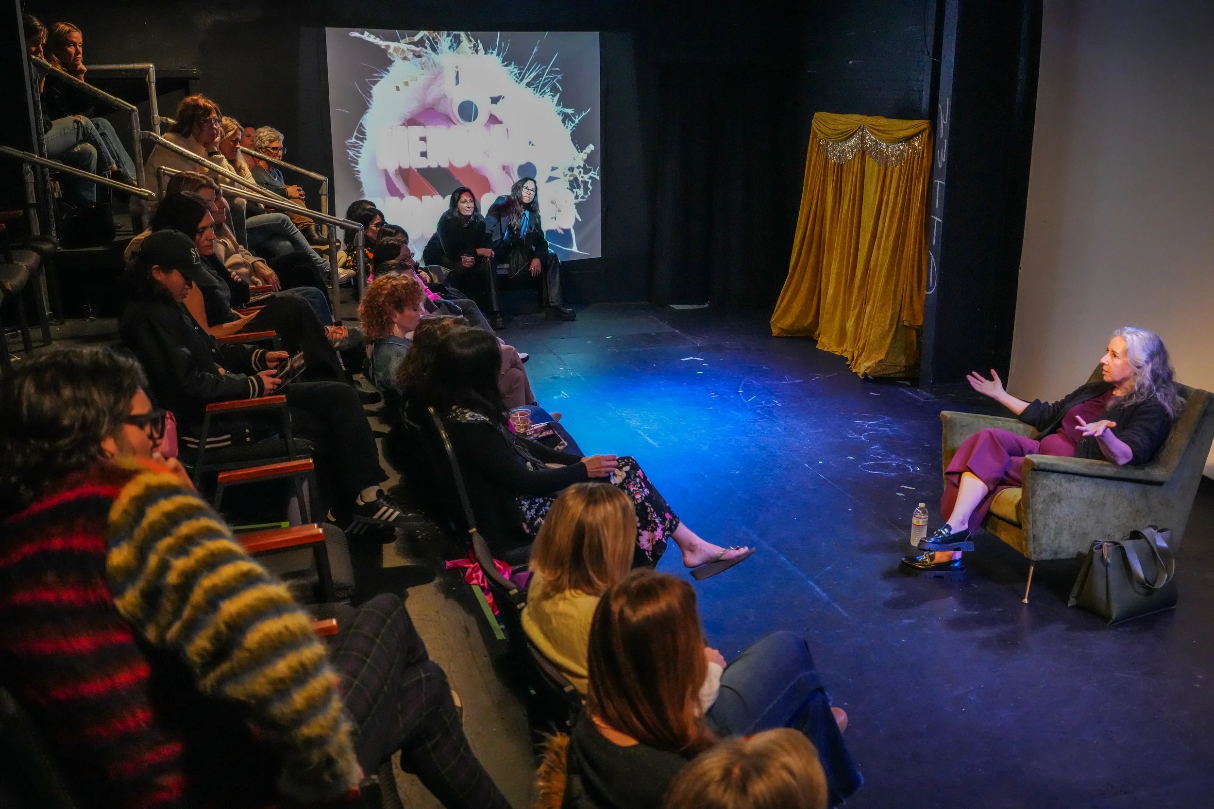 A woman with gray hair sitting in a green armchair on stage, speaking to an audience. The audience is sitting in black chairs, attentively listening. There is a large screen behind showing part of a graphic or presentation slide. A gold curtain hangs to the right side of the stage.