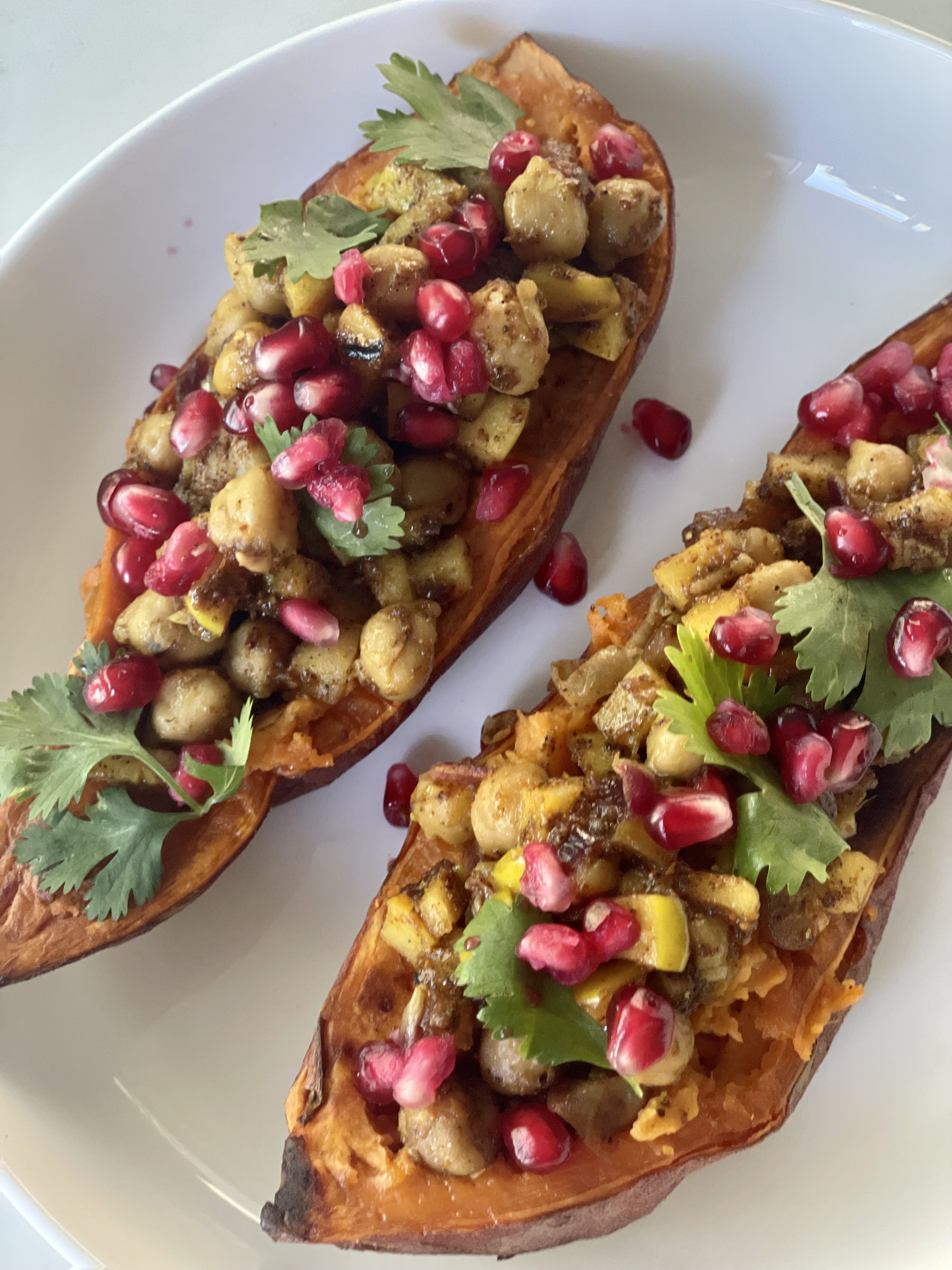 Moroccan Roasted Sweet Potatoes, Garbanzo Beans, Apple, Pomegranate Seeds, Herbs
