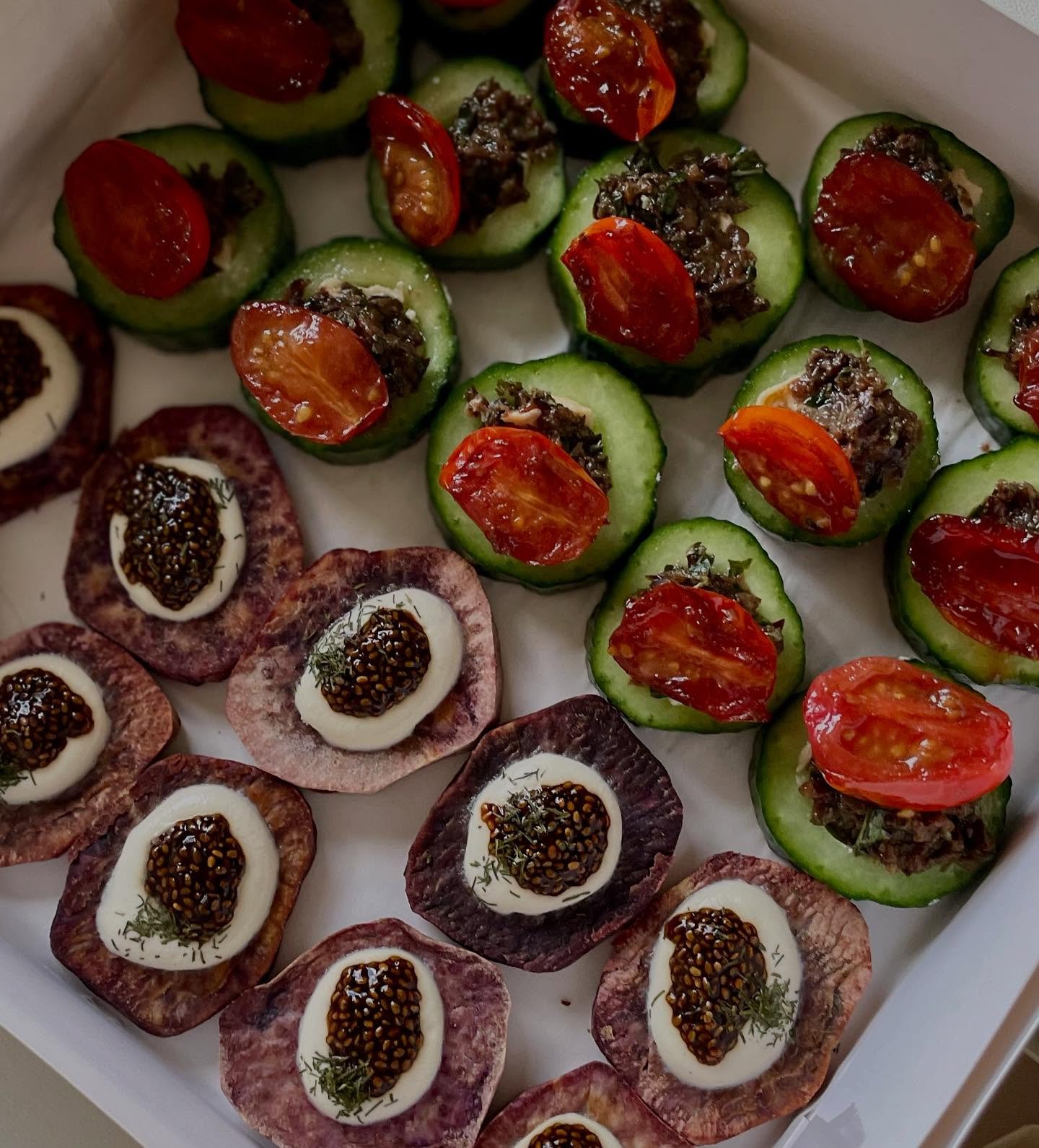 Appetizers
Cucumbers with cheese, olive tapenade, tomatoes 
Purple potatoes with tofu cream cheese, chia seeds &ldquo;caviar&rdquo;