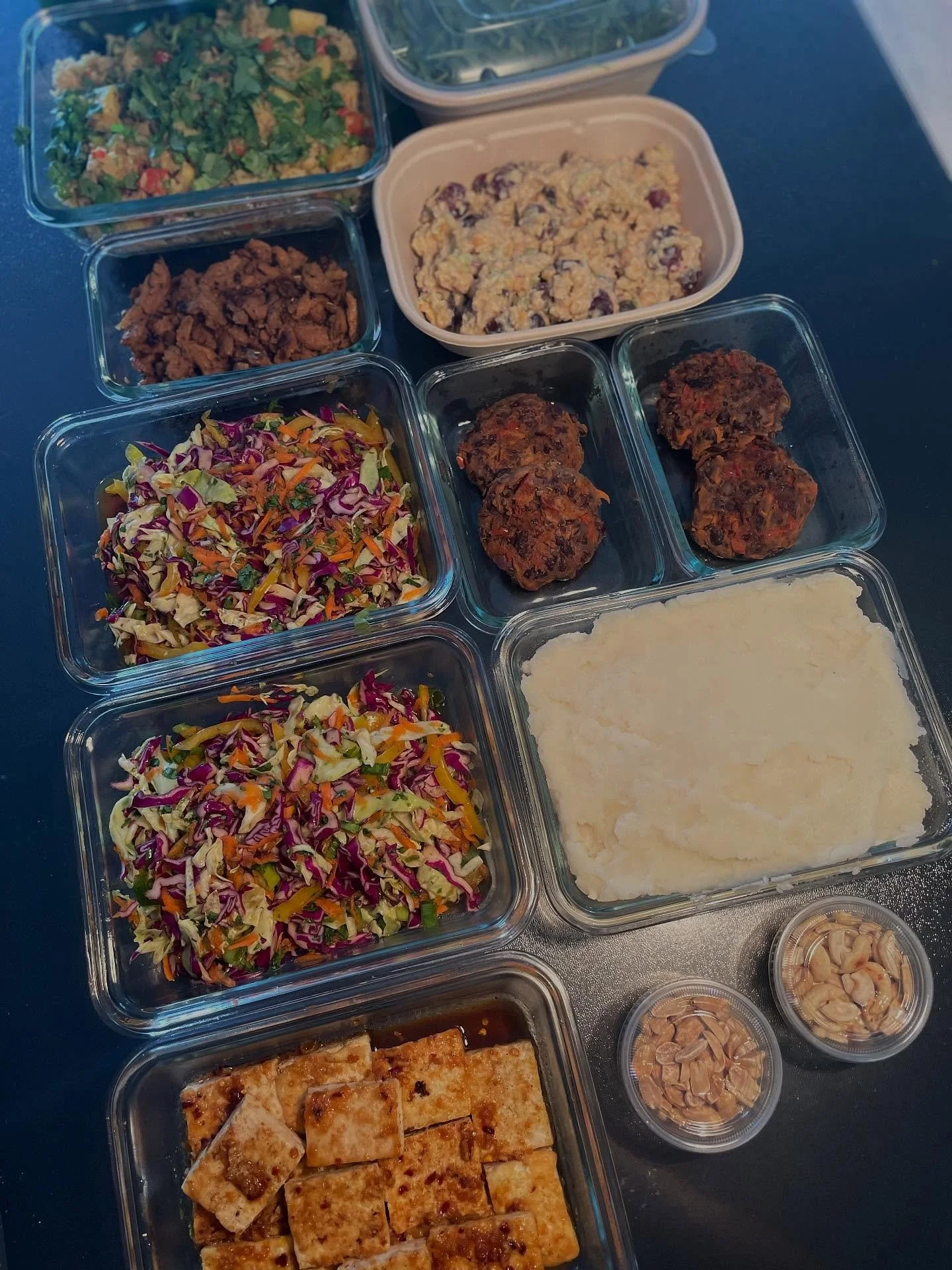 Custom Meal Prep today - so good!
- Mashed potatoes with black bean burgers 
- Pineapple fried rice with &ldquo;Chikin&rdquo; soy curls on a side
- Asian flavored cabbage salad with a side of tamari ginger garlic lime crusted  fried tofu 
- Garbanzo 
