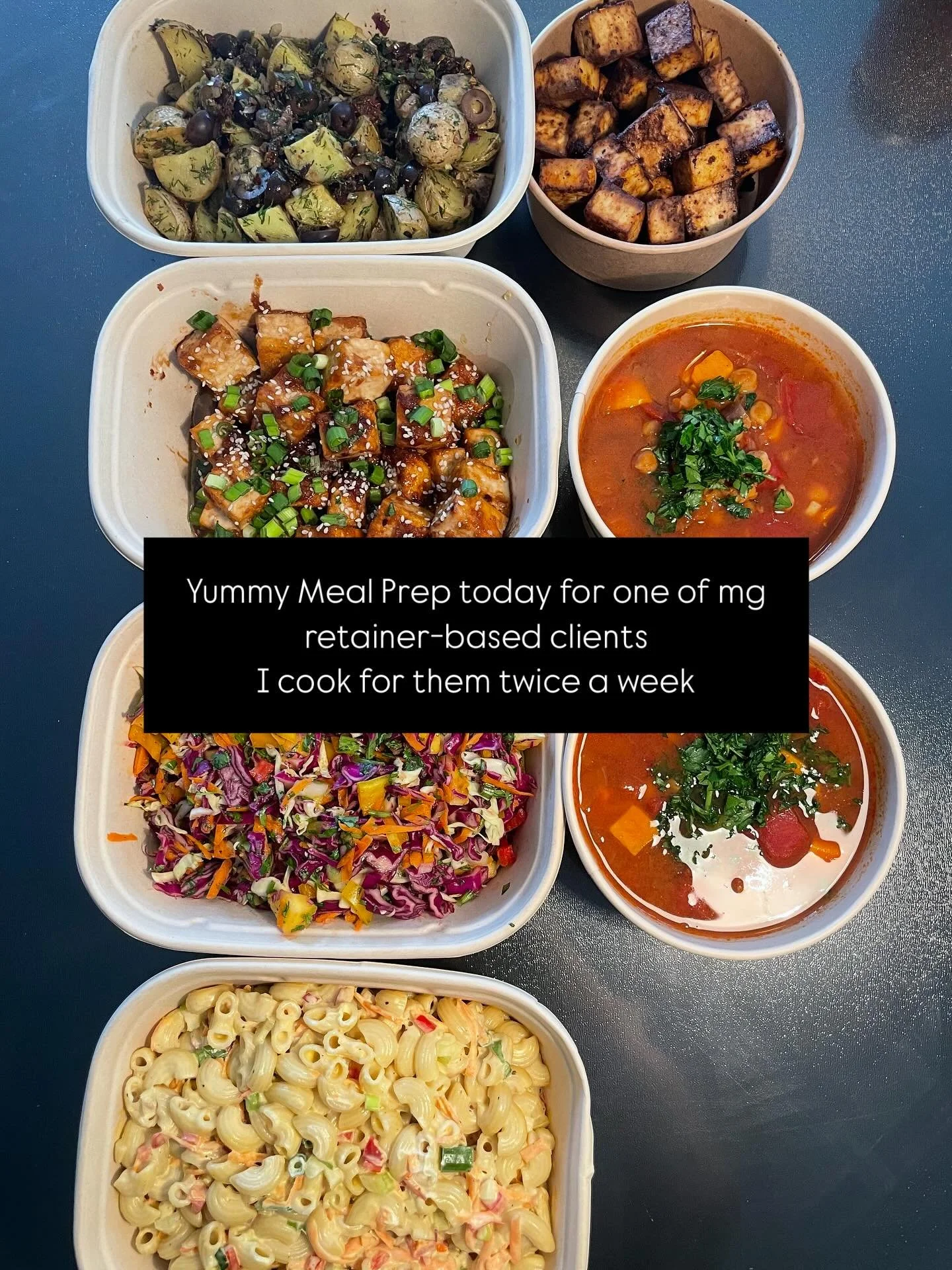 Yummy meal prep today for my retainer-based client, for whom I cook twice a week 

- Garlic baked potatoes Greek-style salad 
- Mango Cabbage Slaw
- Side of tamari baked tofu
- Side of garlic sesame tofu 
- Soup with sweet payola, lentils and garbanz