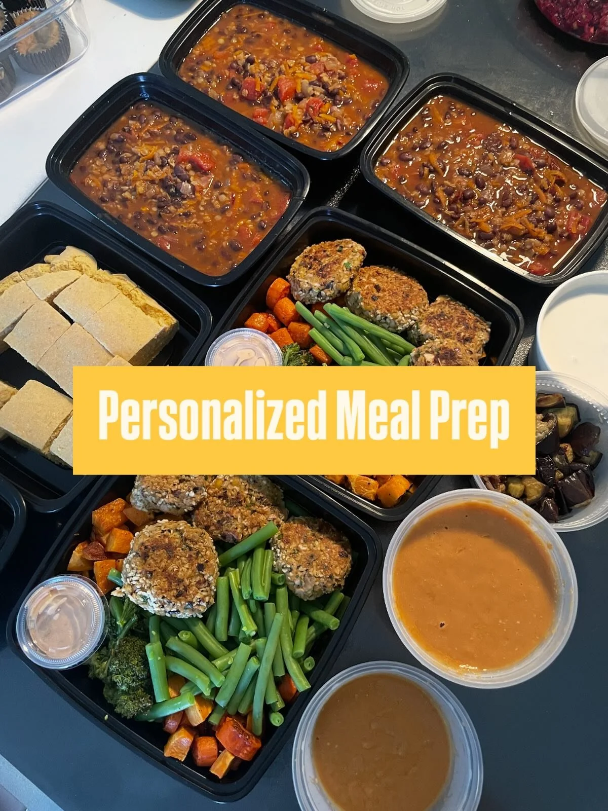 Today&rsquo;s meal prep for a client who likes to have protein counted for each meal:

- Black bean and red lentils chili with a side of corn bread and vegan sour cream
- Vegan garbanzo and jackfruit crab cakes with baked veggies and Sriracha-Mayo sa