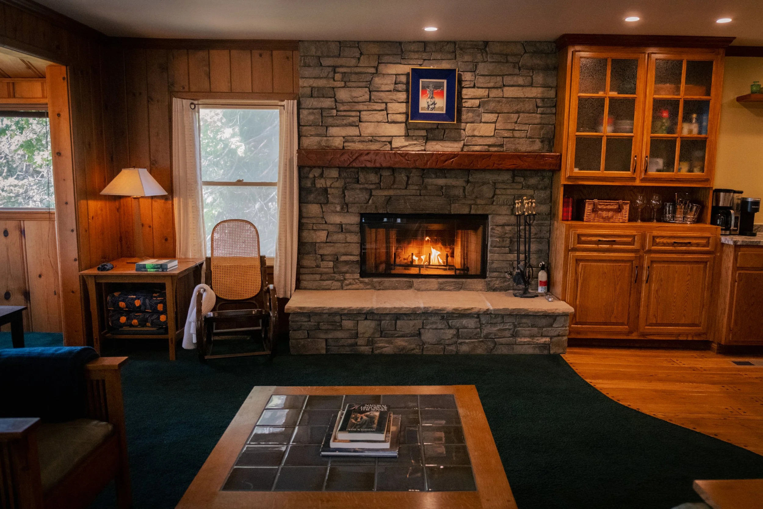 Living room with fireplace, stone wall, wooden cabinets, furniture, and a lit fire