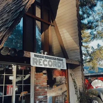 Exterior of a music store with a sign reading 'Music Store Records' and an 'Open' sign, brick and wood construction, and trees in the background.