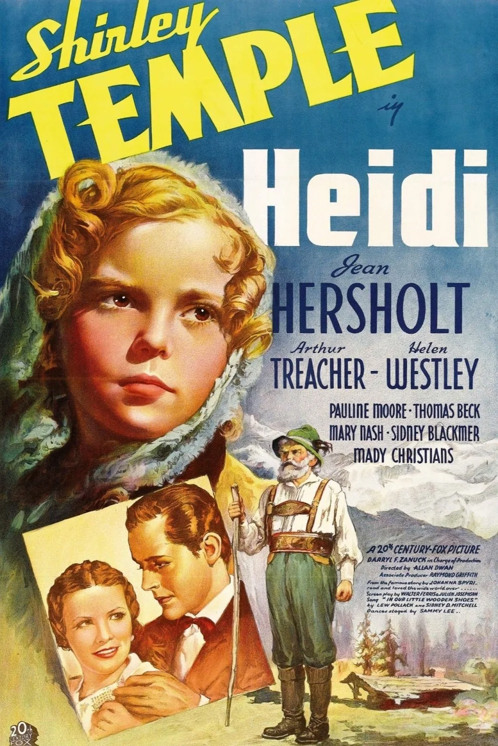 Illustrated movie poster for Shirley Temple in Heidi, featuring a large portrait of Shirley Temple's face with blonde curly hair, alongside smaller images of a boy and girl, a man in traditional Alpine clothing holding a staff, and snowy mountains in the background.