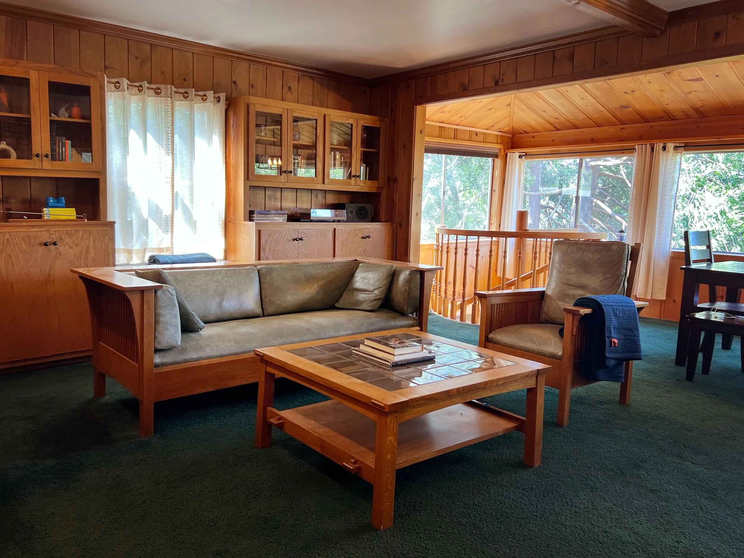 A cozy living room with wood-paneled walls and large windows revealing green trees outside. There is a greenish sofa with a leather armchair nearby, a wooden coffee table with magazines, and built-in wooden shelves with books and decor.