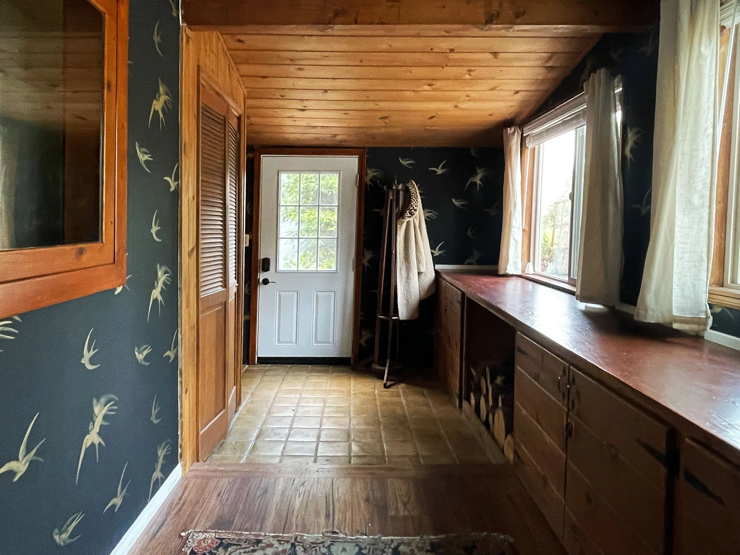A cozy wooden kitchen space with dark wood countertops, a window with curtains, and a door with glass panes, decorated with a navy blue wallpaper featuring white bird illustrations, and a patterned rug on a wooden floor.