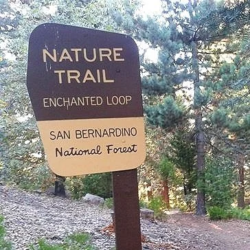 Trail sign for Nature Trail, Enchanted Loop, San Bernardino National Forest, in a wooded area