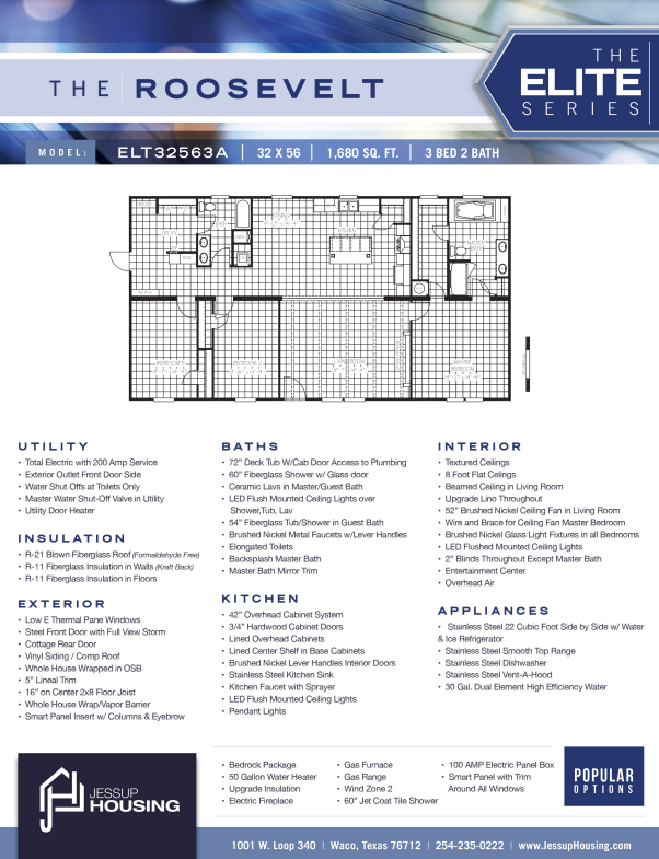 Floor plan for The Roosevelt model in The Elite Series, a 3 bedroom, 2 bathroom home with 1,680 square feet. Includes kitchen, living room, utility area, and bedrooms.