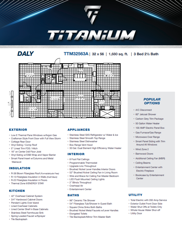 Floor plan of a 3-bedroom, 2.5-bath home by Titanium titled 'Daly,' showing interior layout, exterior features, appliances, insulation, kitchen, bathroom, utility options, and popular upgrades.