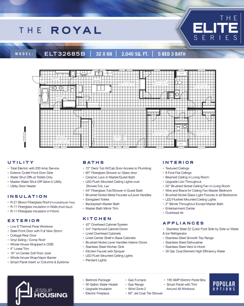 Floor plan of a house model named 'The Royal' from The Elite Series, including details about utility, bathrooms, interior, insulation, exterior, kitchen, appliances, and specifications.