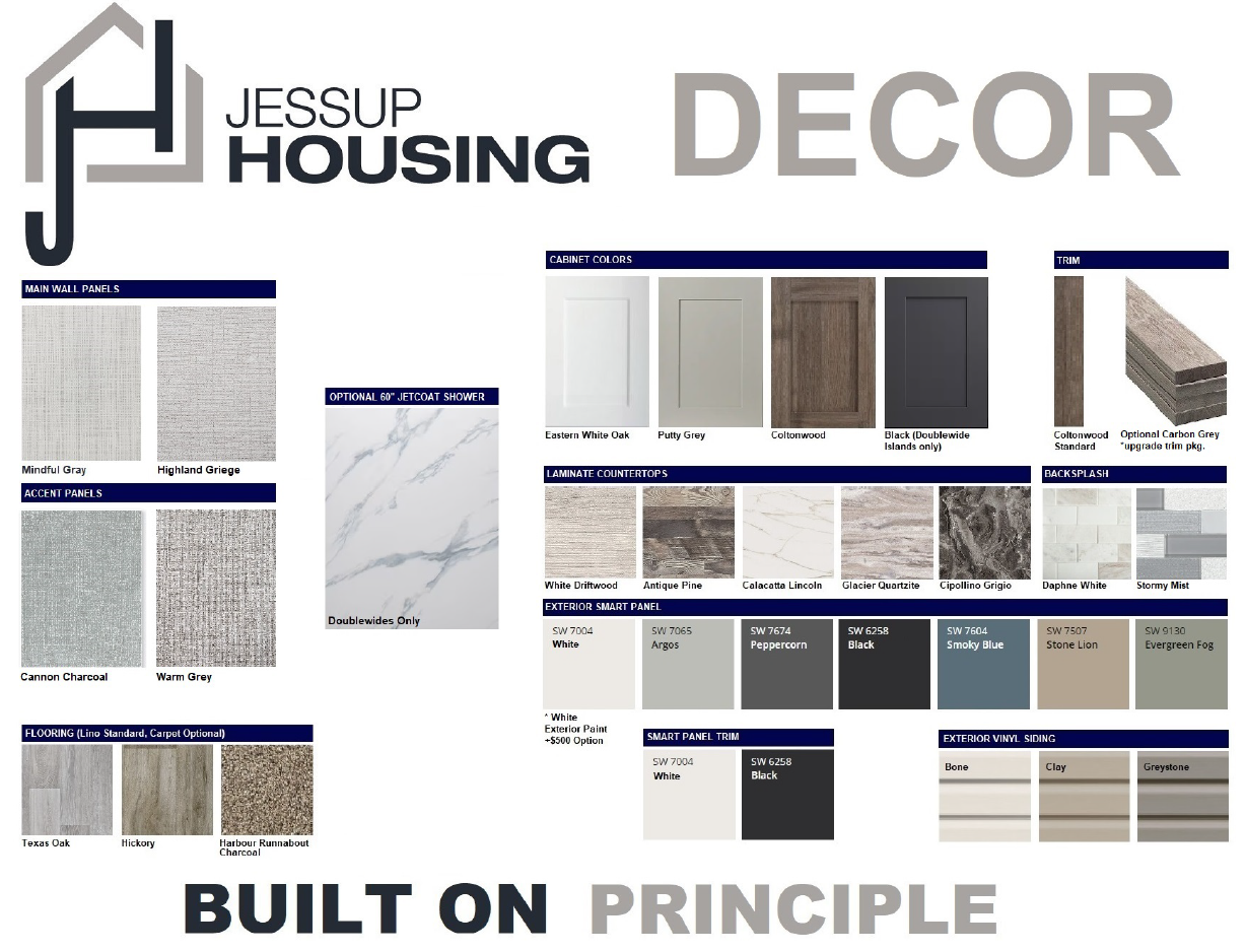 Color and material options for Jessup Housing decor including wall panels, cabinet colors, countertop laminate, backsplash, flooring, smart panel, trim, vinyl siding, and finish samples.