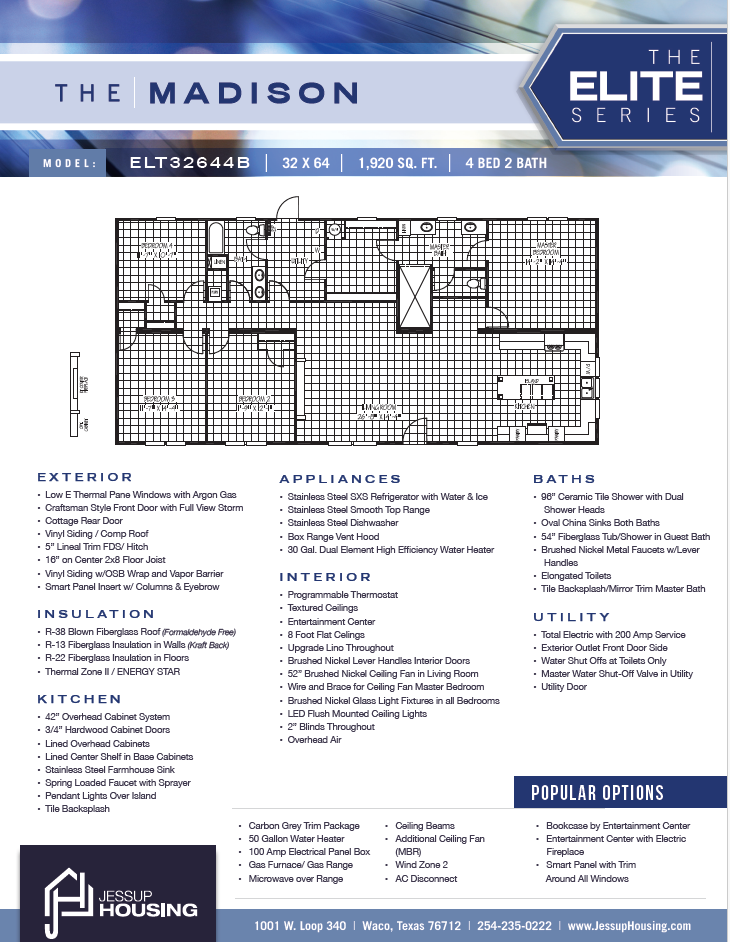 Floor plan of The Madison model home, part of The Elite Series by Jessup Housing, measuring 32x64 feet with 4 bedrooms, 2 bathrooms, and 1,920 square feet. The layout includes bedrooms, bathrooms, living areas, kitchen, and dining space, along with d